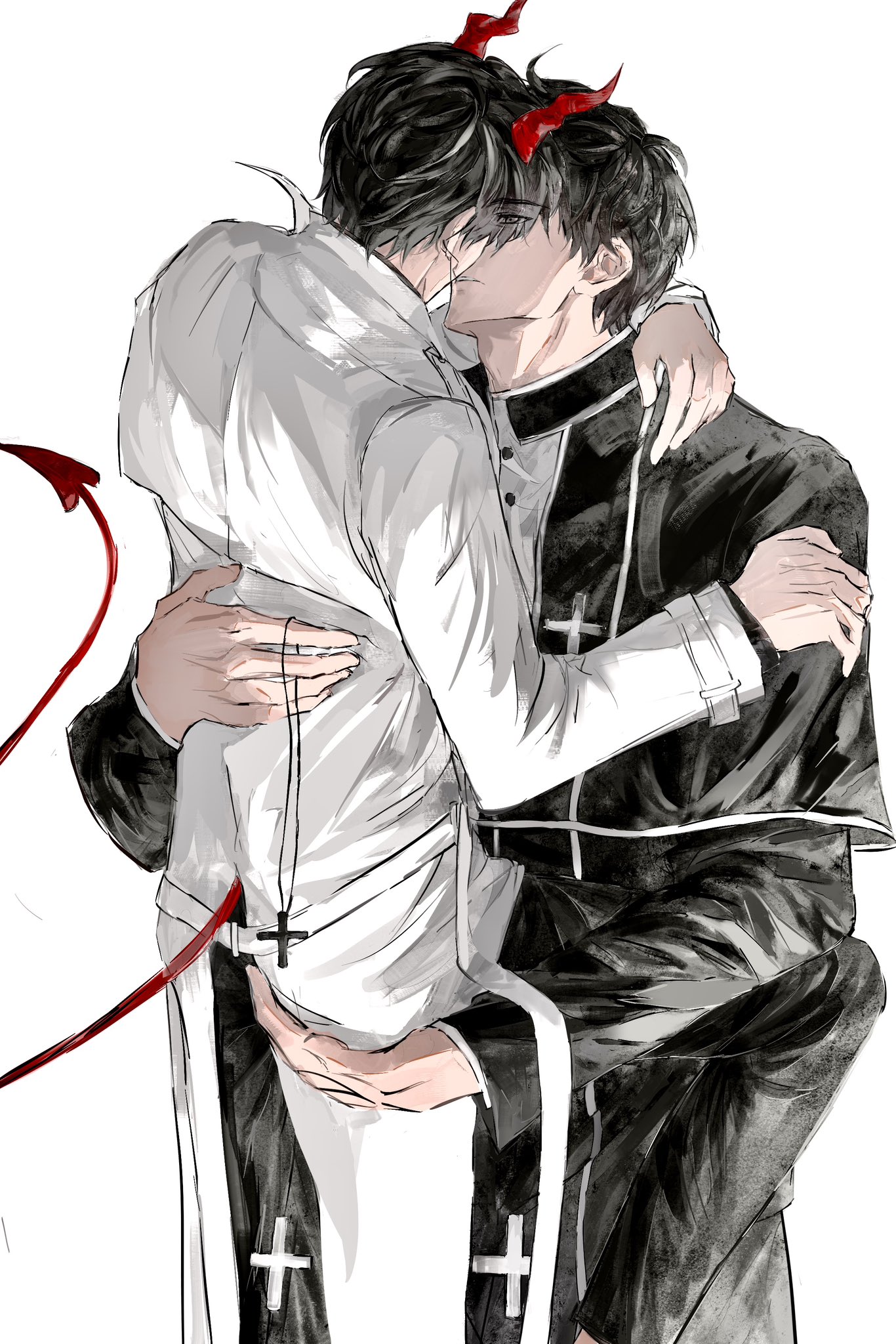 kim dokja, yoo joonghyuk, omniscient reader's viewpoint, highres, 2boys, 8d2suga9, arm around neck, black hair, black robe, cassock, clerical collar, coat, cross, cross pendant, cross print, demon, demon horns, demon tail, feet out of frame, hand on another's ass, hand on another's back, horns, kiss, knees up, lifting person, looking at another, male focus, multiple boys, open clothes, open coat, popped collar, robe, short hair, tail, white coat, yaoi