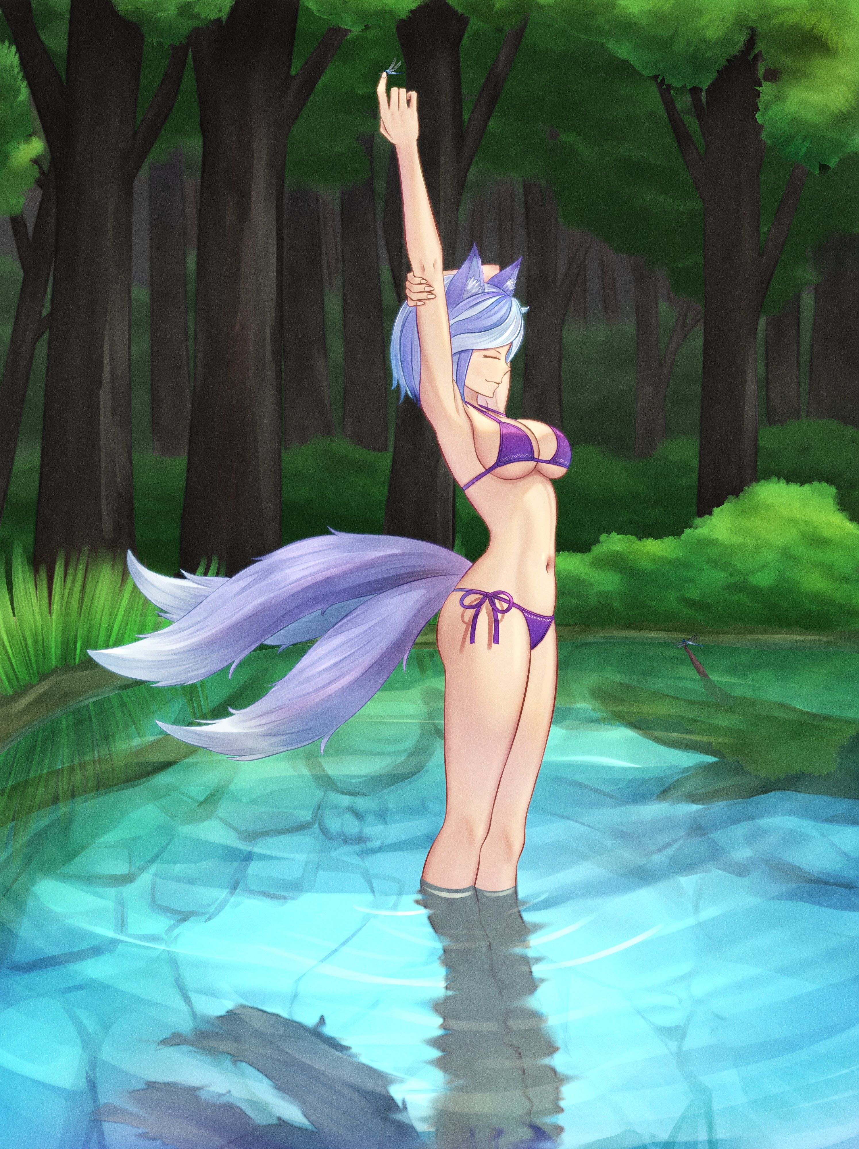 mikotouca, mitsugashira enoko, touhou, absurdres, commentary, highres, variant set, 1girl, animal ears, arm up, bikini, breasts, cleavage, closed eyes, closed mouth, dog ears, dog girl, extra tails, forest, from side, full body, gradient tail, grey hair, holding own arm, medium breasts, nature, navel, outdoors, purple bikini, purple hair, short hair, solo, standing, stretching, swimsuit, wading