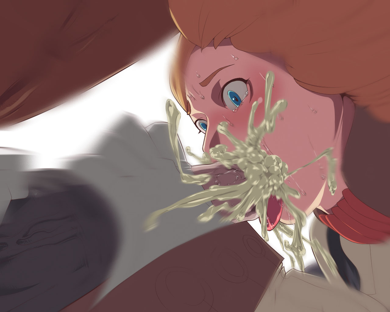 okiyo, bestiality, blue eyes, cum, cum in mouth, fellatio, gloves, interspecies, irrumatio, oral, penis, surprised, tears, tongue, tongue out