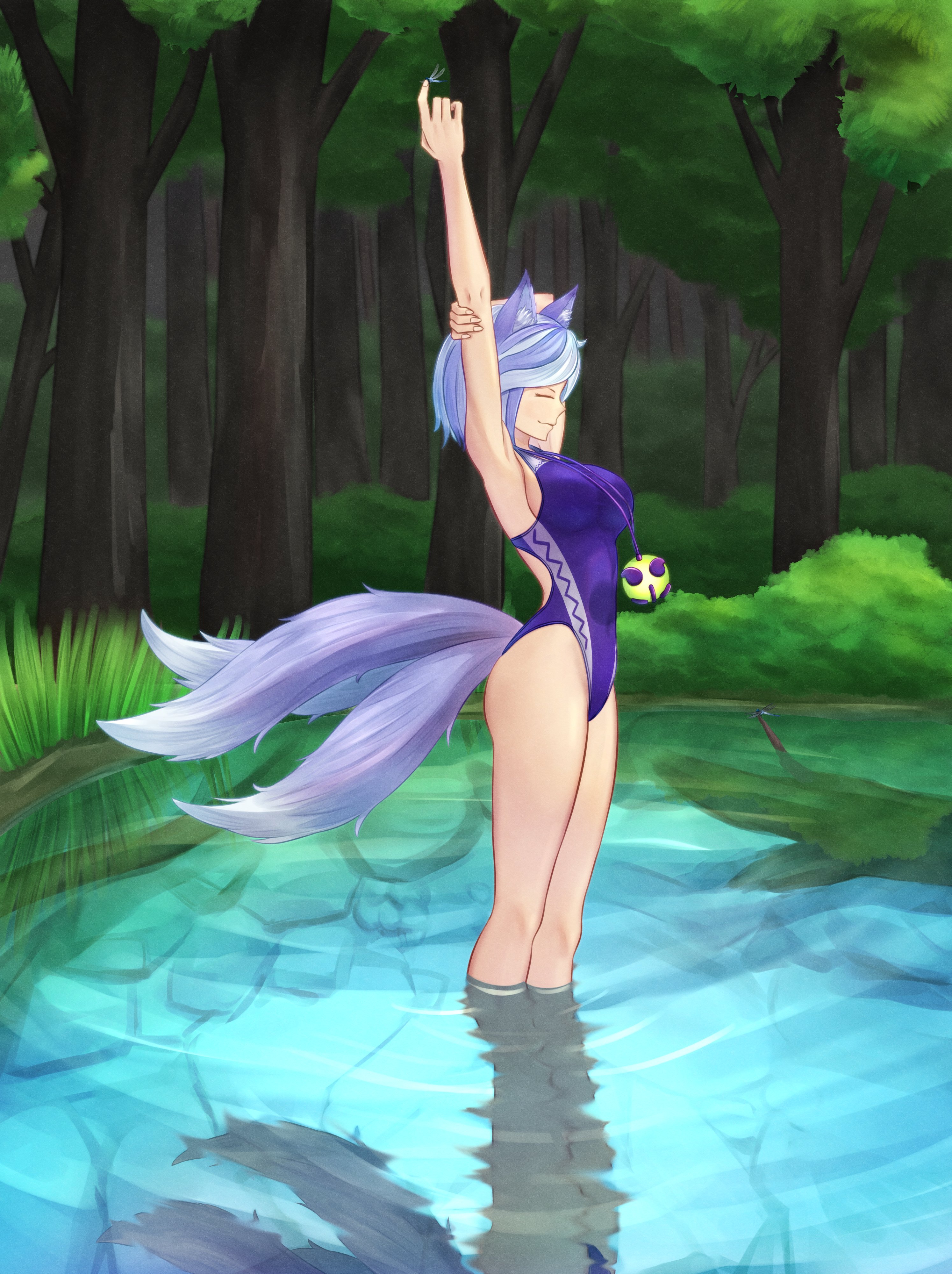 mikotouca, mitsugashira enoko, touhou, absurdres, commentary, highres, variant set, 1girl, animal ears, arm up, breasts, closed eyes, closed mouth, dog ears, dog girl, extra tails, forest, from side, full body, gradient tail, grey hair, holding own arm, jewelry, medium breasts, nature, one-piece swimsuit, outdoors, pendant, purple hair, purple one-piece swimsuit, short hair, solo, standing, stretching, swimsuit, wading
