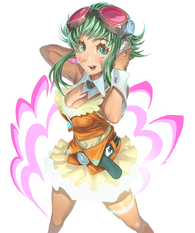 kichin yarou, gumi, vocaloid, 1girl, breasts, cleavage, female focus, goggles, green eyes, green hair, large breasts, matching hair/eyes, no lineart, solo, white background