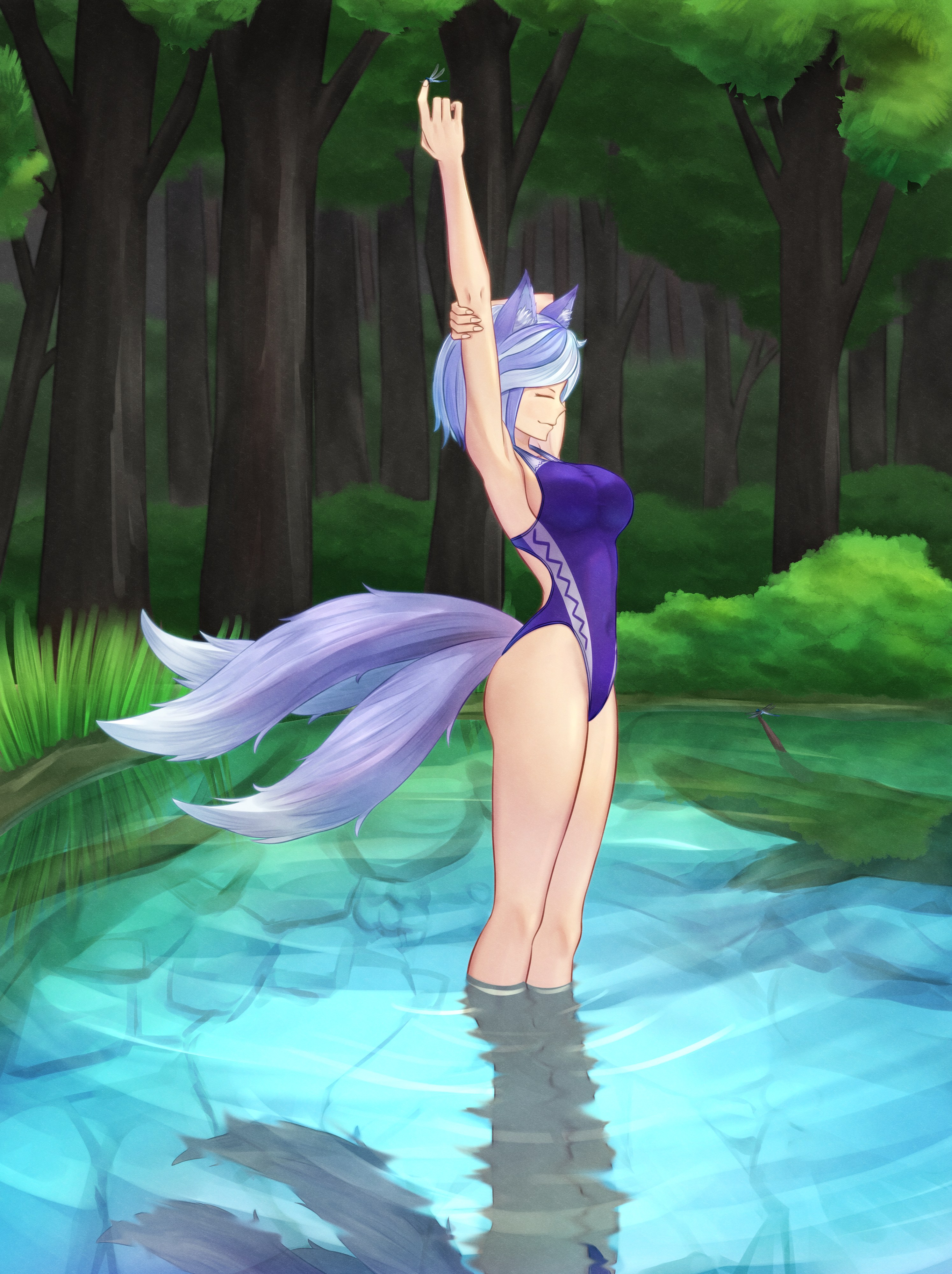 mikotouca, mitsugashira enoko, touhou, absurdres, commentary, highres, variant set, 1girl, animal ears, arm up, breasts, closed eyes, closed mouth, dog ears, dog girl, extra tails, forest, from side, full body, gradient tail, grey hair, holding own arm, medium breasts, nature, one-piece swimsuit, outdoors, purple hair, purple one-piece swimsuit, short hair, solo, standing, stretching, swimsuit, wading