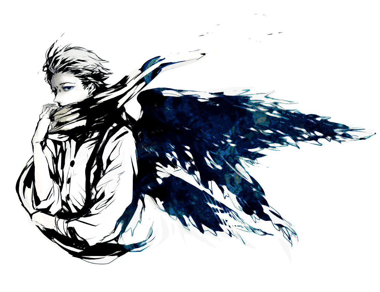 kashiko (phony), mochizuki ryouji, atlus, persona, persona 3, bad id, bad pixiv id, 1boy, black wings, male focus, scarf, solo, suspenders, wings