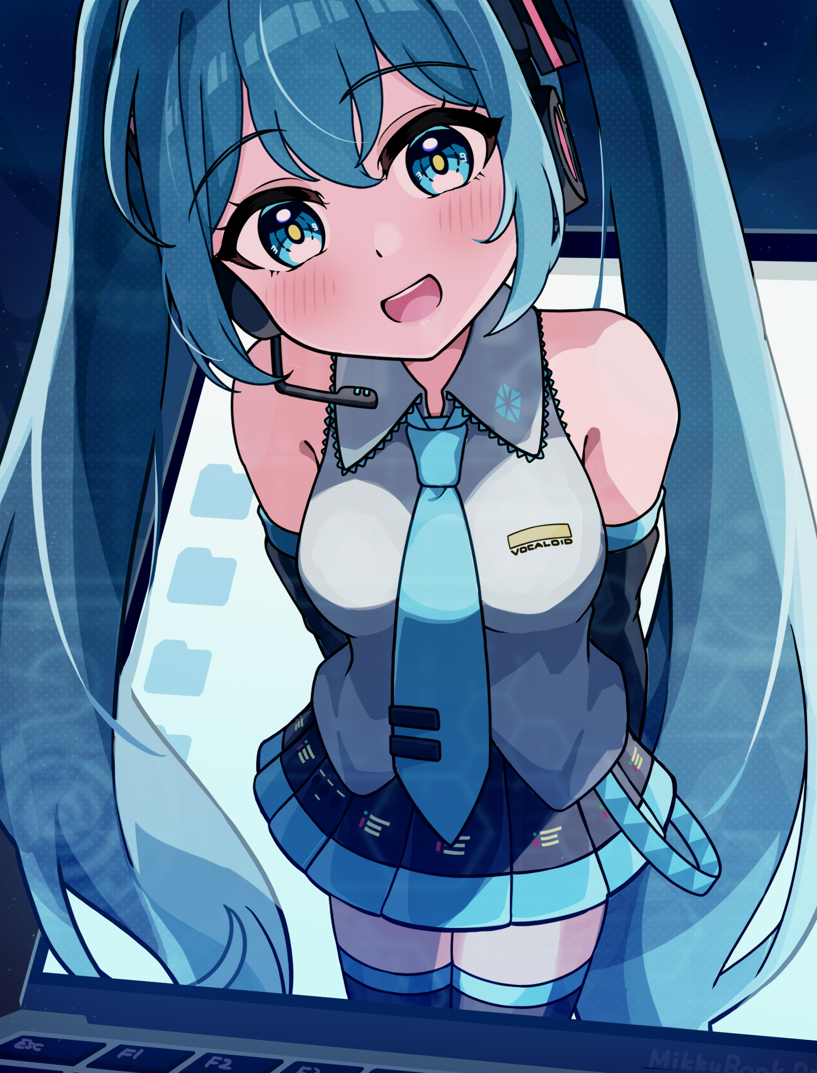 zukimikan, hatsune miku, vocaloid, highres, 1girl, aqua eyes, aqua hair, aqua necktie, aqua trim, arms behind back, black skirt, blush, breasts, collared shirt, detached sleeves, grey shirt, hair between eyes, hair ornament, headset, long hair, long sleeves, looking at viewer, medium breasts, miniskirt, necktie, pleated skirt, shirt, skirt, sleeveless, sleeveless shirt, smile, solo, thighhighs, twintails, very long hair, zettai ryouiki
