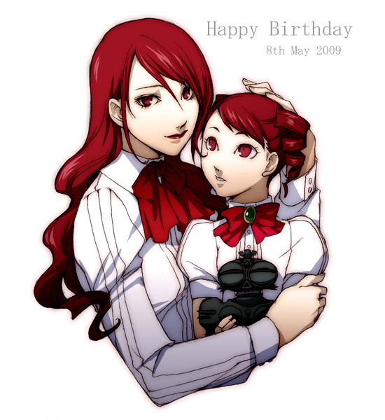 inuduka shinobu, kirijou mitsuru, atlus, persona, persona 3, bad id, bad pixiv id, aged down, child, curly hair, doguu, drill hair, dual persona, happy birthday, hug, red eyes, red hair, school uniform, time paradox