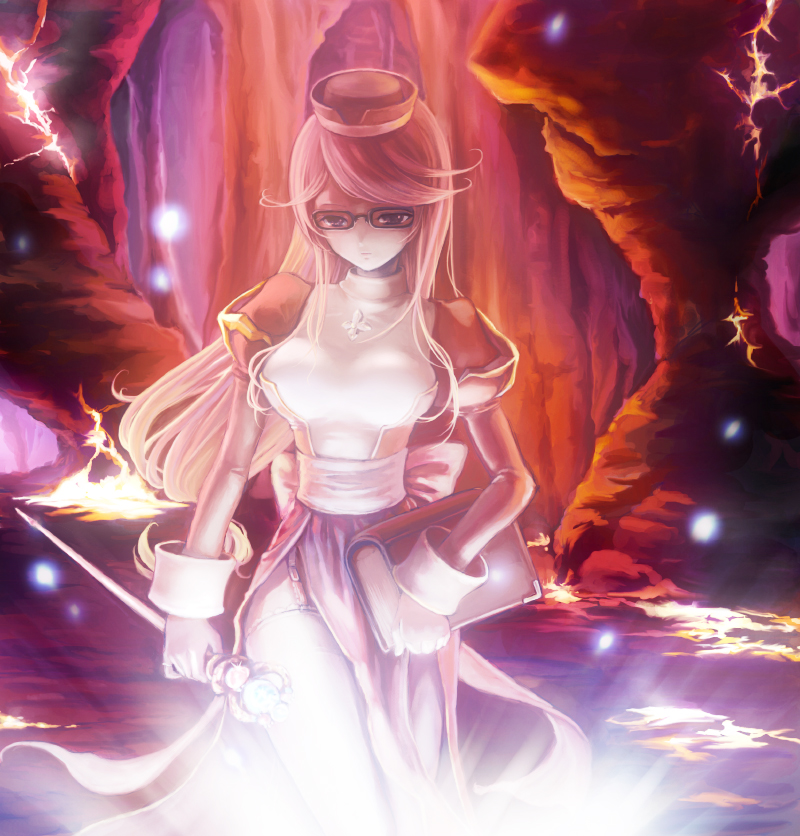 norapeko, soraku, high priest (ragnarok online), ragnarok online, bad id, bad pixiv id, 1girl, beret, book, brown hair, cave, cross, female focus, glasses, glowing, hat, juliet sleeves, long hair, long sleeves, looking at viewer, outdoors, puffy long sleeves, puffy sleeves, rock, solo, standing, very long hair