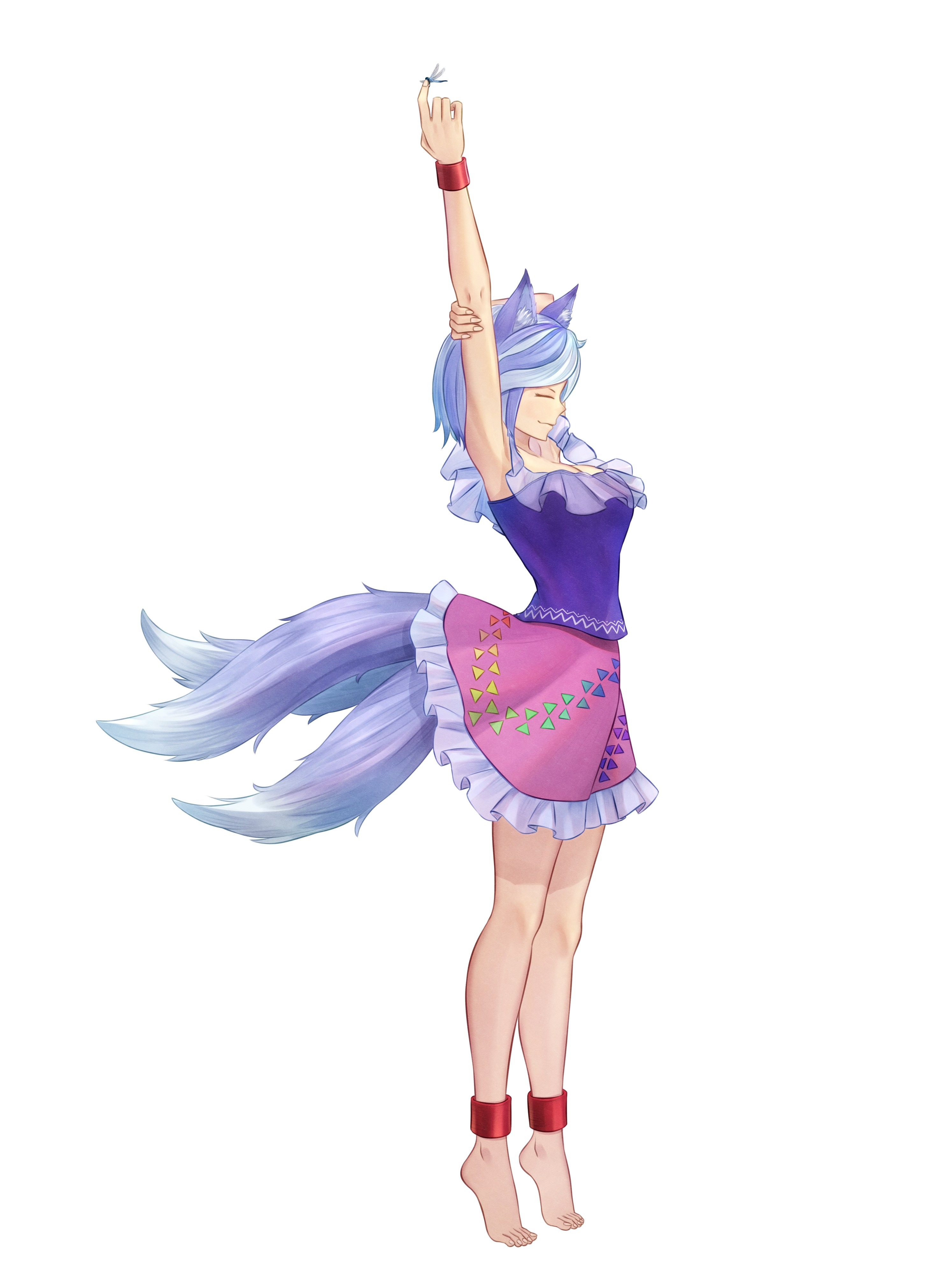 mikotouca, mitsugashira enoko, touhou, absurdres, commentary, highres, variant set, 1girl, animal ears, arm up, barefoot, closed eyes, closed mouth, dog ears, dog girl, extra tails, frilled skirt, frills, from side, full body, gradient tail, grey hair, holding own arm, pink skirt, purple hair, purple shirt, rainbow print, shirt, short hair, simple background, skirt, sleeveless, sleeveless shirt, solo, standing, stretching, white background