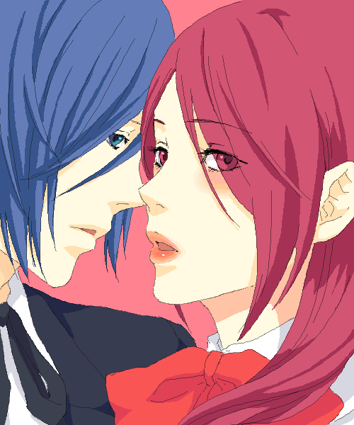 sumitan, kirijou mitsuru, yuuki makoto (persona 3), atlus, persona, persona 3, 1boy, 1girl, blue hair, blush, couple, hair over one eye, hetero, lips, lipstick, makeup, red hair, red ribbon, ribbon