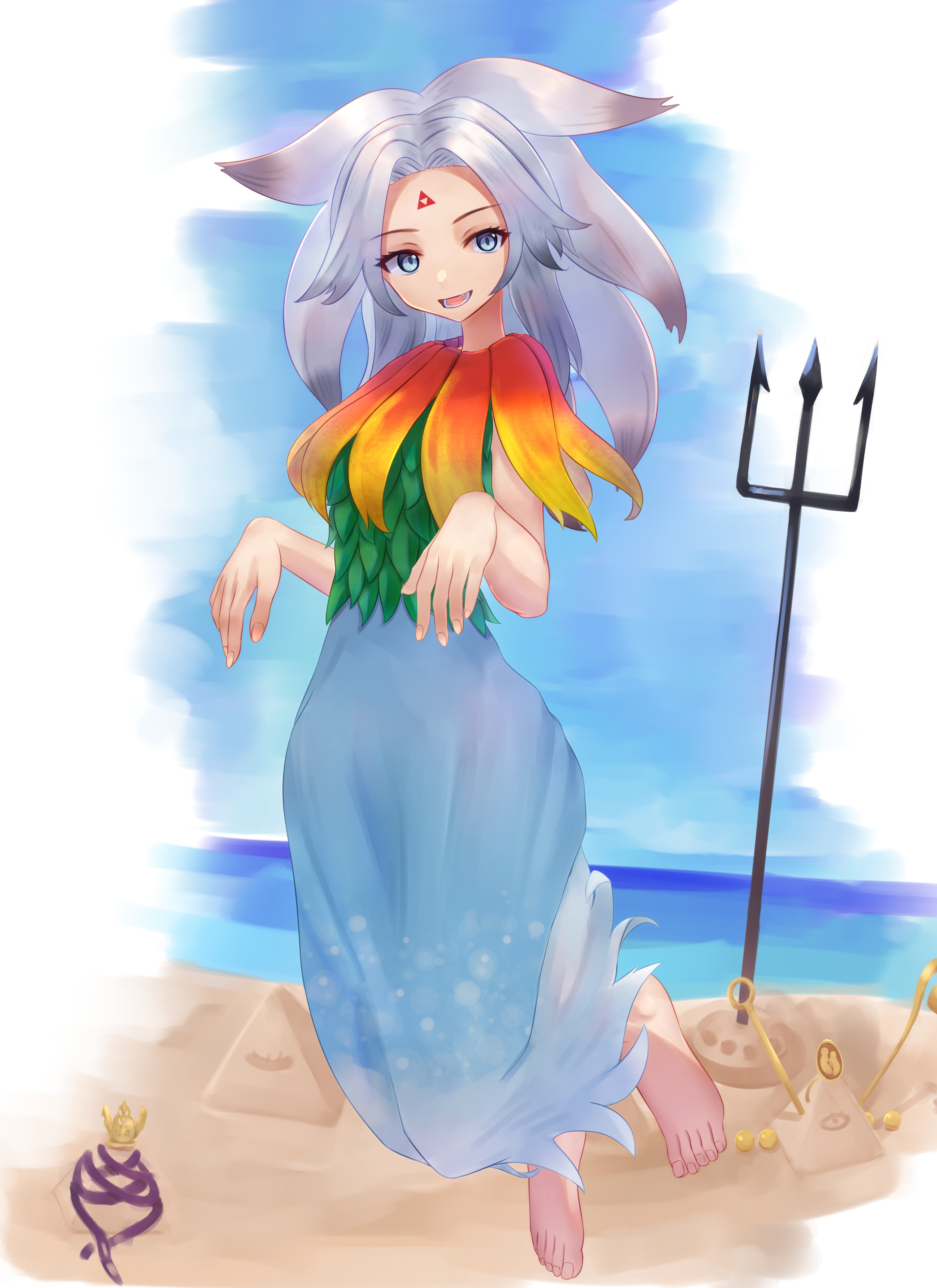 mikotouca, houjuu chimi, touhou, absurdres, commentary, highres, variant set, 1girl, barefoot, blue eyes, facial mark, feather capelet, full body, grey hair, leaf shirt, looking at viewer, medium hair, open mouth, pyramid (structure), sand sculpture, solo