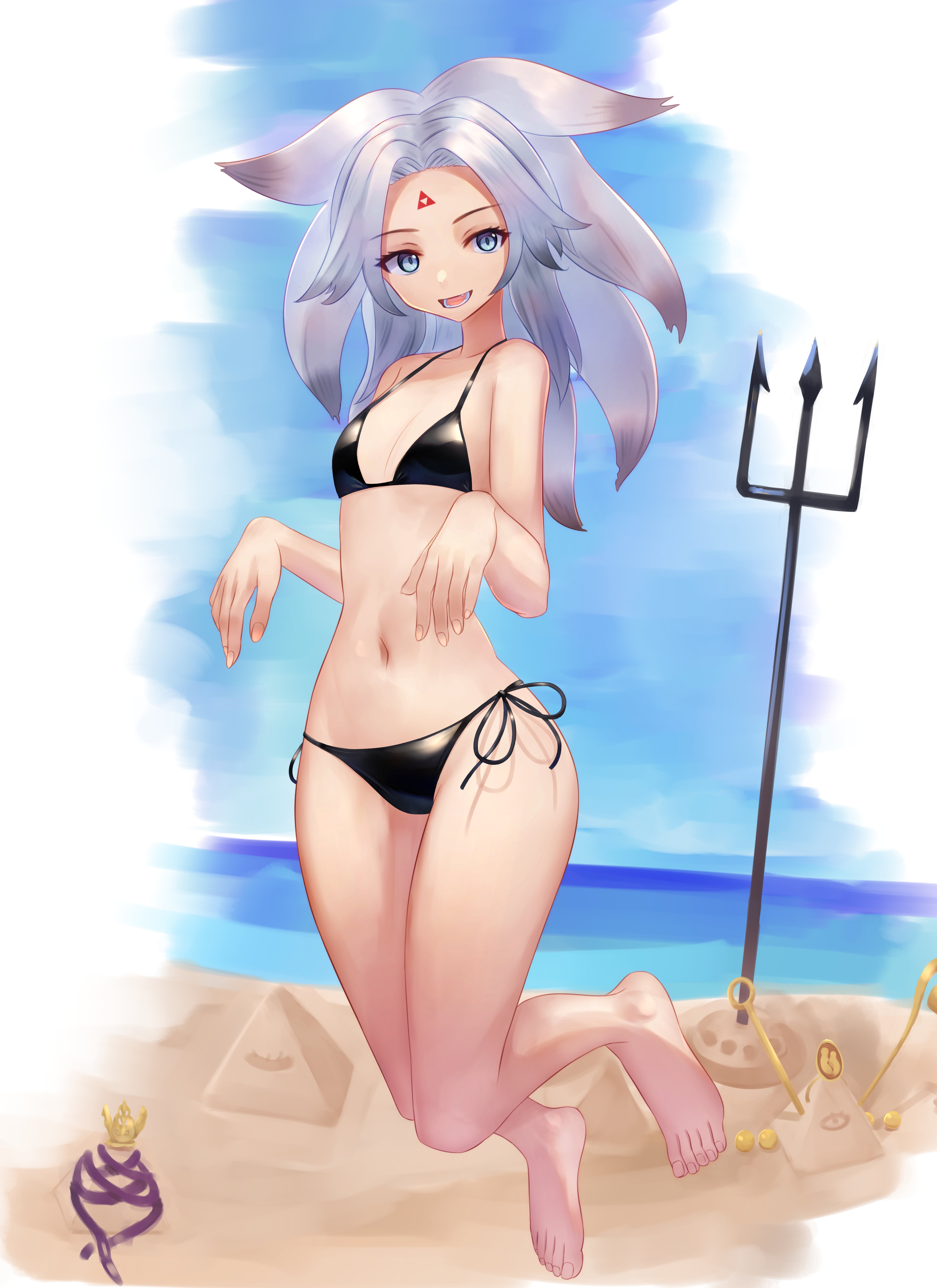 mikotouca, houjuu chimi, touhou, absurdres, commentary, highres, variant set, 1girl, barefoot, bikini, black bikini, blue eyes, breasts, cleavage, facial mark, full body, grey hair, looking at viewer, medium hair, navel, open mouth, pyramid (structure), sand sculpture, side-tie bikini bottom, small breasts, solo, swimsuit