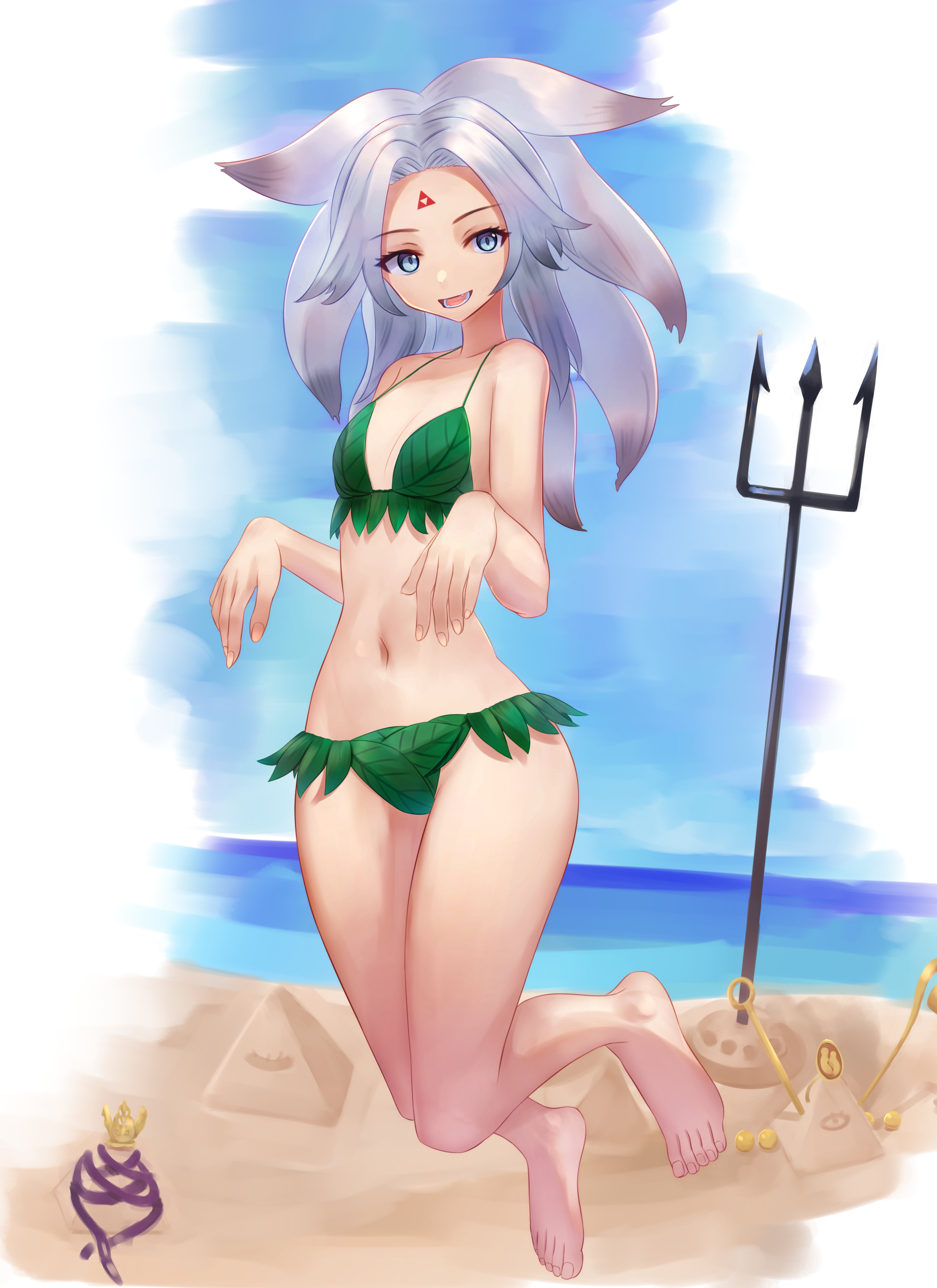mikotouca, houjuu chimi, touhou, absurdres, commentary, highres, variant set, 1girl, barefoot, bikini, blue eyes, breasts, cleavage, facial mark, full body, green bikini, grey hair, leaf bikini, looking at viewer, medium hair, navel, open mouth, pyramid (structure), sand sculpture, small breasts, solo, swimsuit