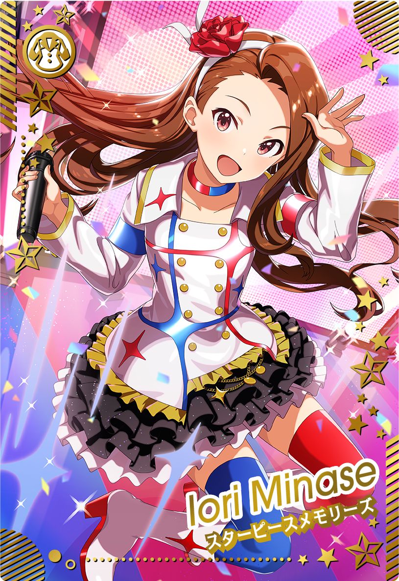 minase iori, idolmaster, idolmaster (classic), idolmaster tours, official art, 1girl, boots, brown hair, buttons, choker, dress, english text, forehead, hairband, high heel boots, high heels, holding, holding microphone, japanese text, microphone, open mouth, red eyes, solo, star (symbol), thighhighs