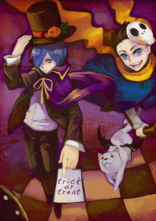 kaki p, p (artist), koromaru (persona), mochizuki ryouji, yuuki makoto (persona 3), atlus, persona, persona 3, 2boys, bat wings, blue hair, broom, broom riding, cape, dog, halloween, hat, hat tip, mask, multiple boys, purple cape, scarf, skull, smile, top hat, wings