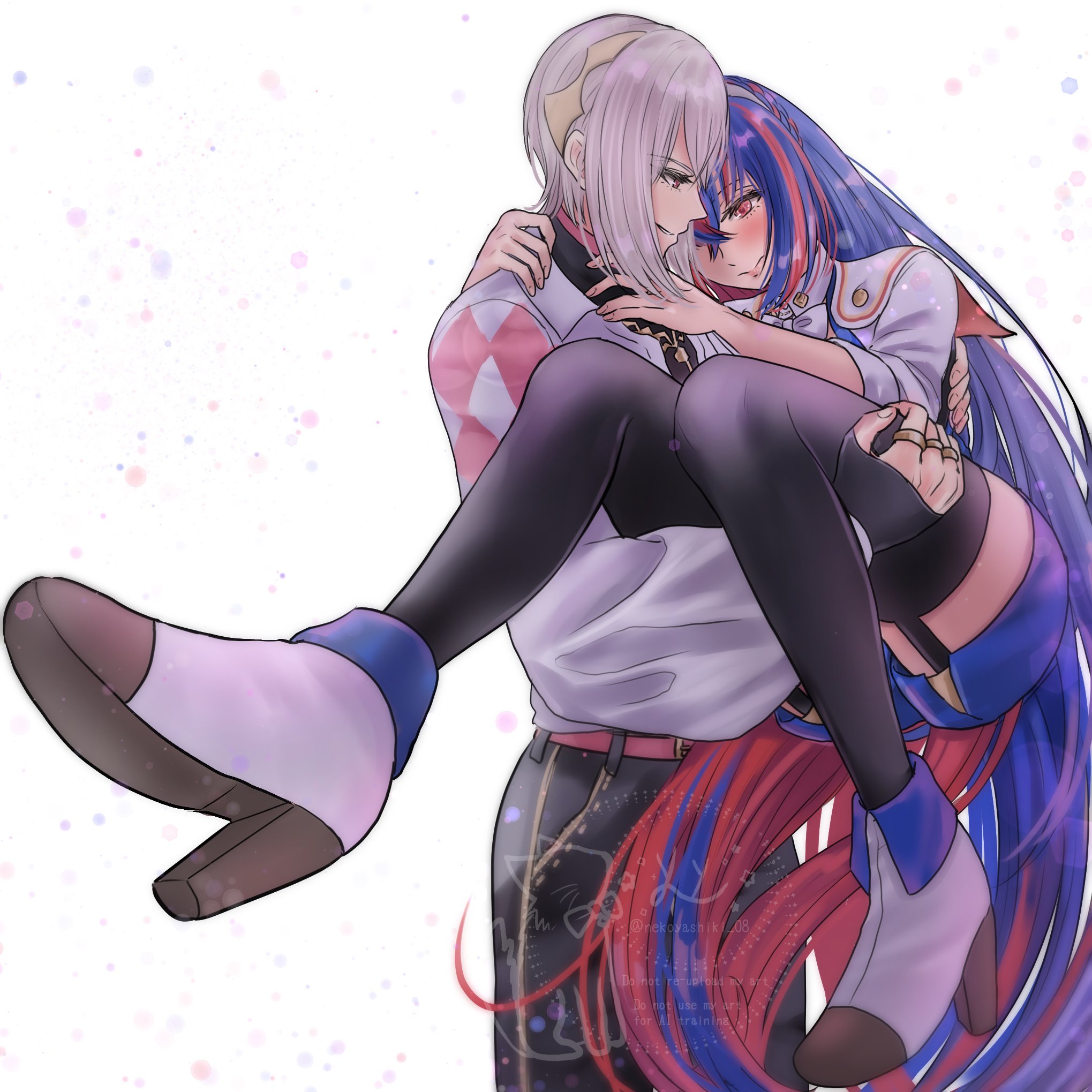 nekoyashiki 08, female alear (fire emblem), rafal (fire emblem), fire emblem, fire emblem engage, nintendo, highres, 1boy, 1girl, armored collar, blue hair, braid, carrying, couple, crossed bangs, crown braid, garter straps, hair between eyes, hetero, high heels, long hair, looking at another, multicolored hair, prince, princess carry, red eyes, red hair, split-color hair, thighs, tiara, two-tone hair, white hair