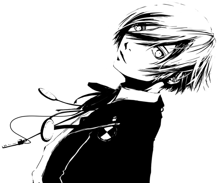 haruhu, yuuki makoto (persona 3), atlus, persona, persona 3, bad id, bad pixiv id, 1boy, digital media player, digital walkman, greyscale, headphones, male focus, monochrome, school uniform, simple background, smile, solo, walkman nw-s203f