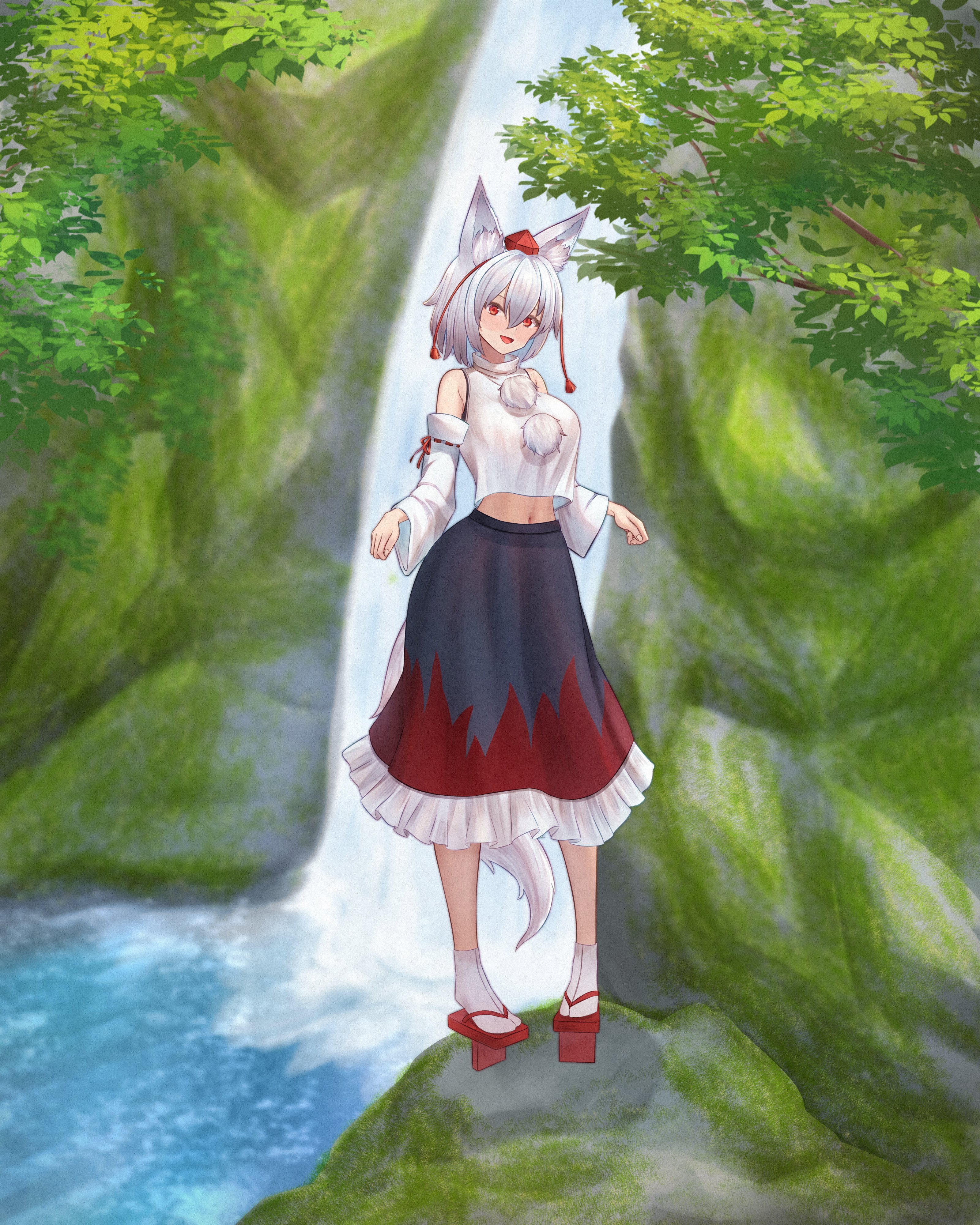 mikotouca, inubashiri momiji, touhou, absurdres, commentary, highres, 1girl, :d, animal ears, barefoot, black skirt, blush, breasts, cleavage, detached sleeves, frilled skirt, frills, full body, geta, grey hair, hat, large breasts, looking at viewer, open mouth, outdoors, pom pom (clothes), red eyes, red hat, red shoes, red skirt, see-through clothes, see-through shirt, shirt, shoes, short hair, skirt, smile, socks, solo, standing, tail, tokin hat, tree, two-tone skirt, water, waterfall, white shirt, white socks, wolf ears, wolf girl, wolf tail