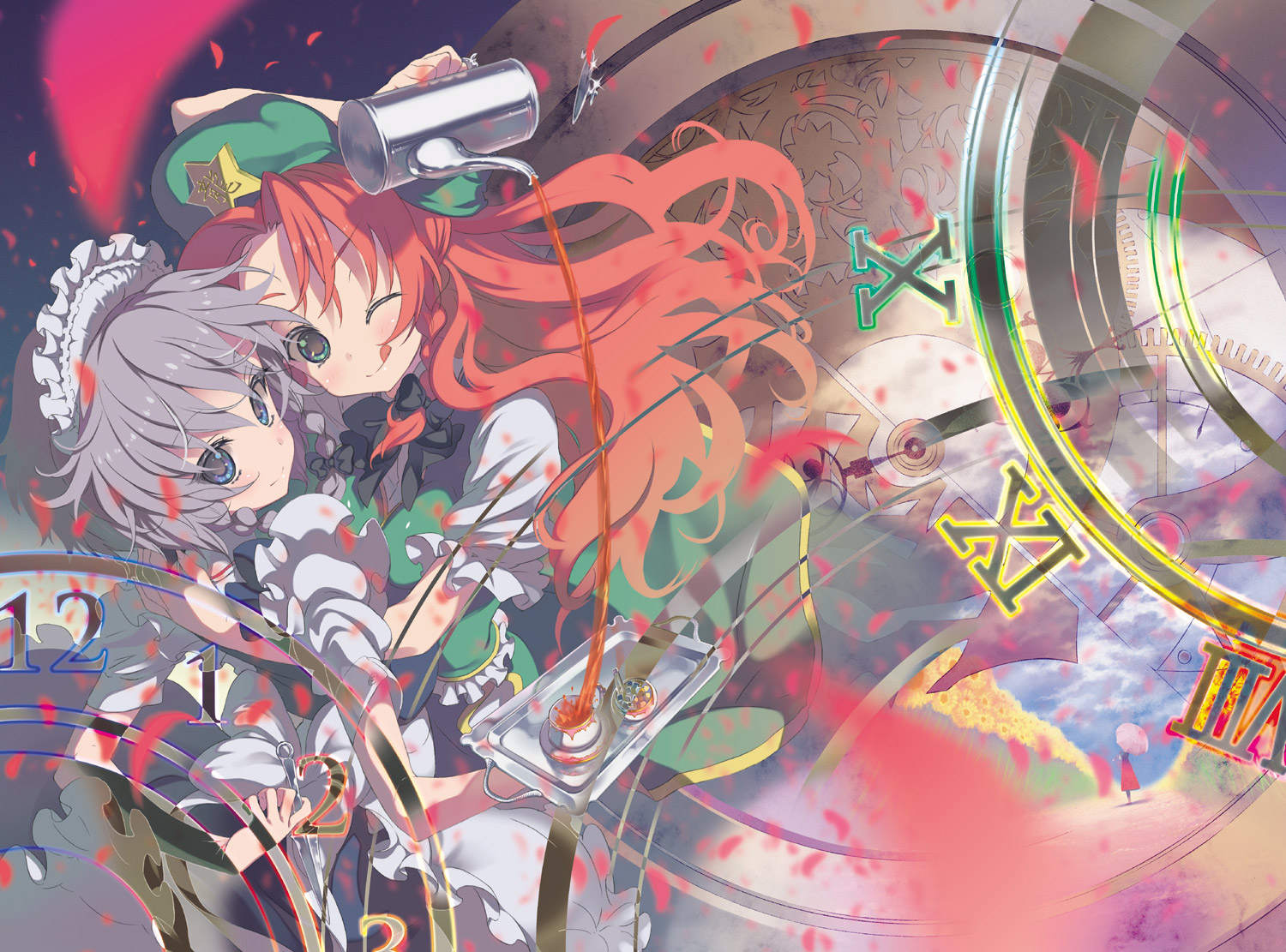 moriki takeshi, hong meiling, izayoi sakuya, kazami yuuka, embodiment of scarlet devil, lotus land story, phantasmagoria of flower view, touhou, touhou (pc-98), 3girls, ;q, apron, clock, decantering, dutch angle, female focus, flower, hat, hug, knife, long hair, maid, maid apron, maid headdress, multiple girls, one eye closed, parasol, pouring, sunflower, tea, teapot, tongue, tongue out, umbrella