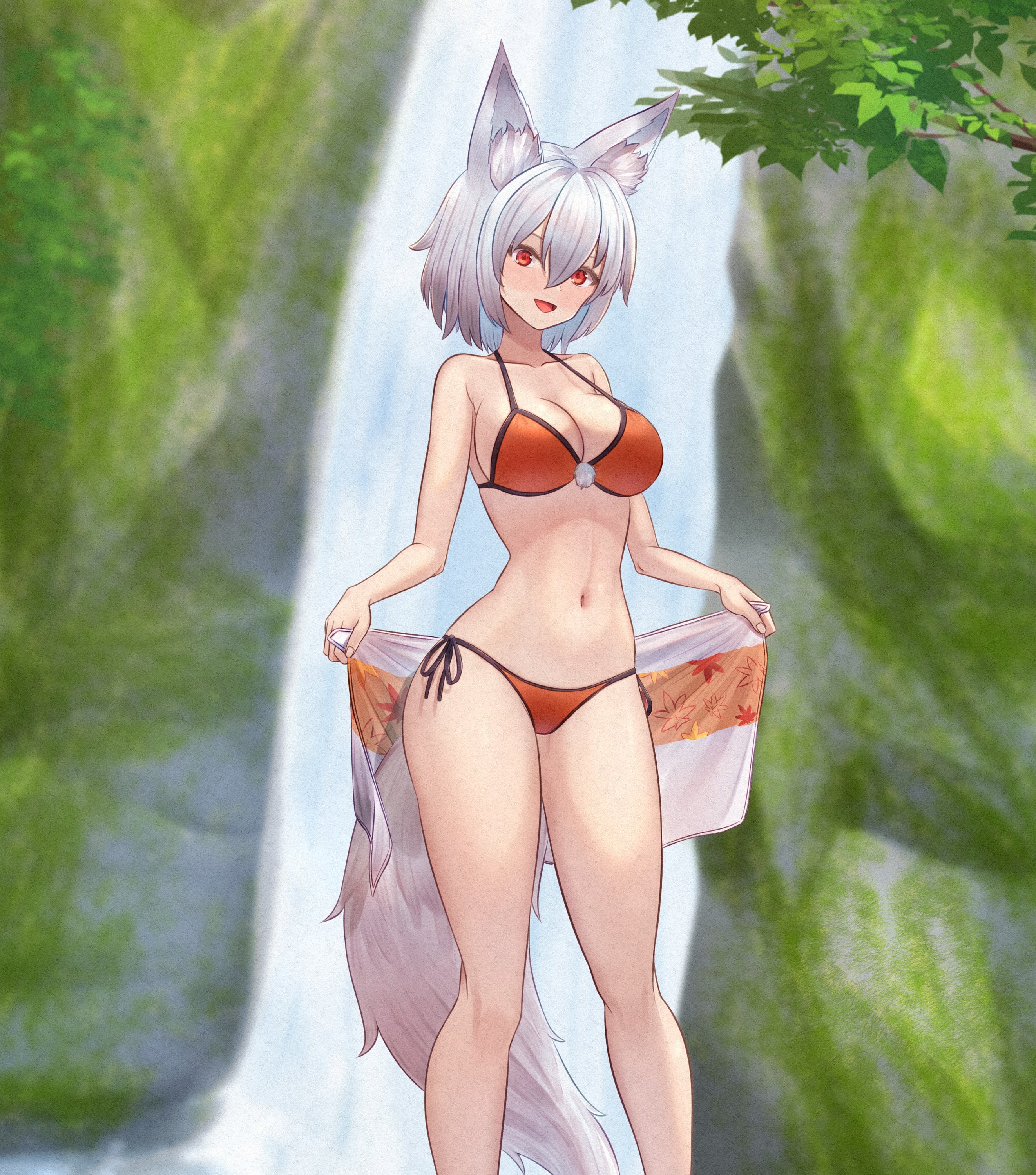mikotouca, inubashiri momiji, touhou, absurdres, commentary, highres, 1girl, :d, animal ears, barefoot, bikini, blush, breasts, cleavage, feet out of frame, full body, grey hair, large breasts, looking at viewer, open mouth, orange bikini, outdoors, red eyes, short hair, smile, solo, standing, swimsuit, tail, towel, tree, water, waterfall, wolf ears, wolf girl, wolf tail