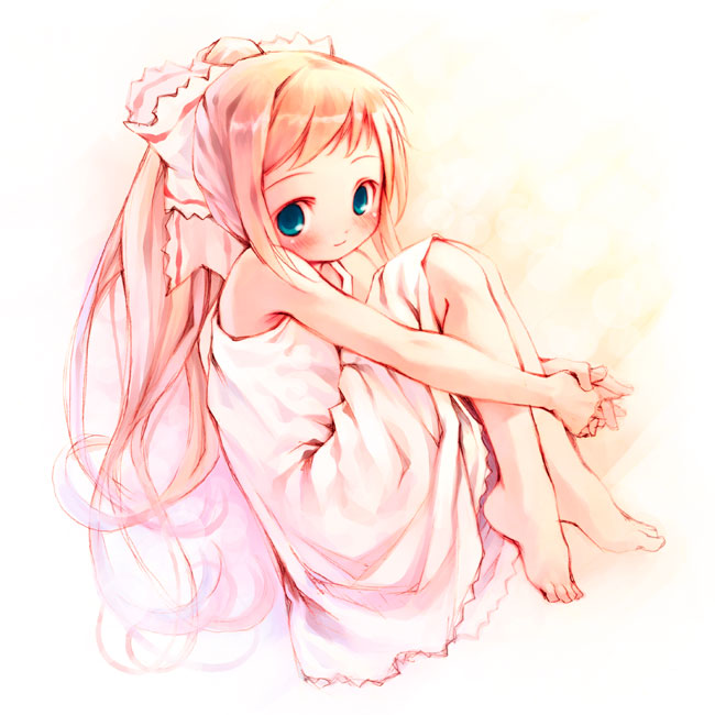 pop, non-web source, 1girl, barefoot, blonde hair, blue eyes, child, dress, feet, female focus, hair ribbon, hugging own legs, knees to chest, ponytail, ribbon, solo, sundress