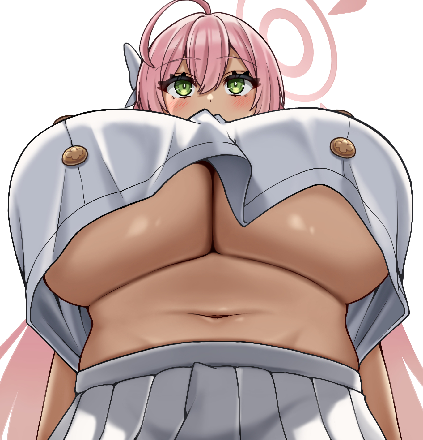 zawashi (zawashio1013), hanako (blue archive), blue archive, commentary request, highres, 1girl, ahoge, blush, breasts, bright pupils, crop top, crop top overhang, from below, green eyes, halo, huge ahoge, huge breasts, midriff, navel, pink hair, pink halo, school uniform, serafuku, simple background, skirt, solo, underboob, upper body, white background, white pupils, white skirt