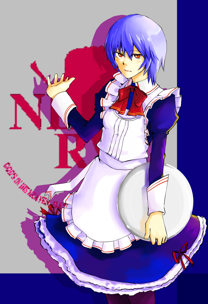 holysnow, ayanami rei, neon genesis evangelion, rebuild of evangelion, bad id, bad pixiv id, 00s, 1girl, annoyed, apron, blue hair, blush, dress, female focus, frown, glaring, logo, maid, maid apron, pale skin, pantyhose, red eyes, short hair, solo