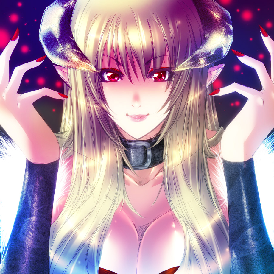 juri (shiningred), succubus (ragnarok online), ragnarok online, bad id, bad pixiv id, 1girl, blonde hair, breasts, demon girl, female focus, horns, huge breasts, lipstick, makeup, red eyes, smile, solo