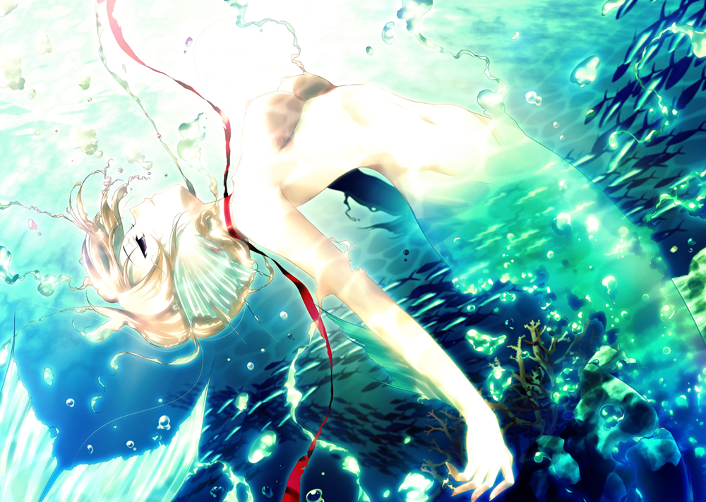 shouna mitsuishi, original, 1girl, arched back, blonde hair, breasts, bubble, completely nude, coral, empty eyes, female focus, fins, fish, floating hair, green background, groin, head fins, mermaid, monster girl, nipples, nude, red ribbon, ribbon, short hair, solo, underwater, water
