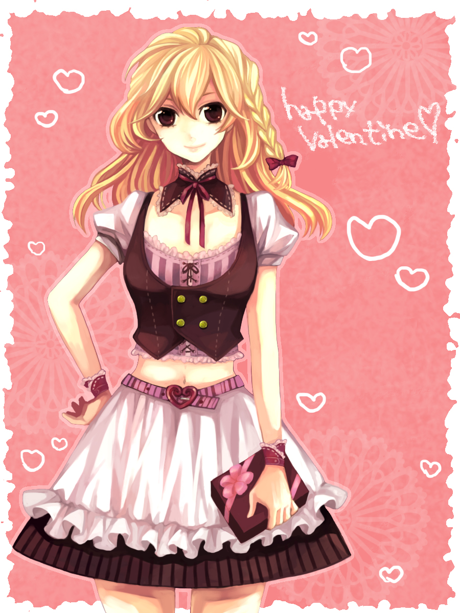 maco (munya), kirisame marisa, touhou, highres, 1girl, blonde hair, braid, brown eyes, contemporary, female focus, hair ribbon, happy valentine, midriff, ribbon, skirt, solo, valentine, wrist cuffs