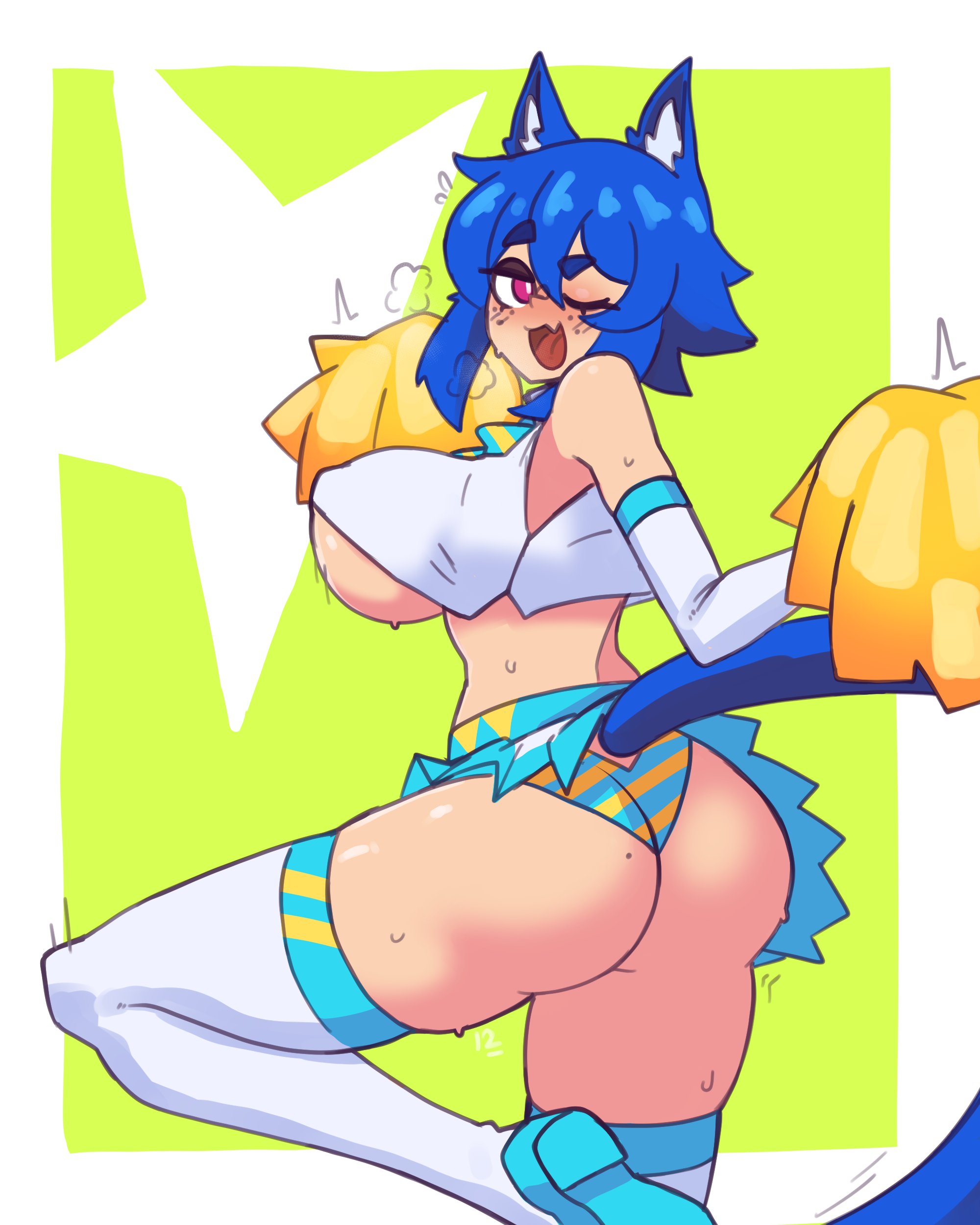 doce, xiao (doce), original, absurdres, commentary, english commentary, highres, variant set, 1girl, animal ear fluff, animal ears, aqua panties, ass, blue hair, blush, breasts, bright pupils, cat ears, cat girl, cat tail, cheerleader, crop top, elbow gloves, fang, freckles, gloves, green background, large breasts, leg up, looking at viewer, looking back, one eye closed, open mouth, panties, pom pom (cheerleading), red eyes, short hair, sidelocks, skin fang, solo, star (symbol), striped clothes, striped panties, sweat, tail, thighhighs, underboob, underwear, white gloves, white pupils, white thighhighs, yellow panties