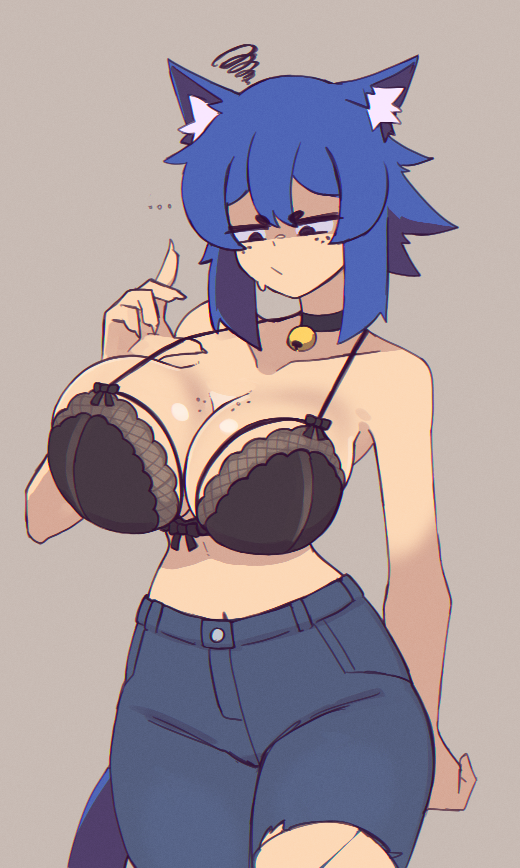 doce, xiao (doce), original, absurdres, commentary, english commentary, highres, …, 1girl, animal ear fluff, animal ears, black eyes, blue hair, blue shorts, bra, bra pull, breasts, cat ears, cat girl, cleavage, clothes pull, collarbone, freckles, grey background, huge breasts, looking at breasts, navel, pulling own clothes, short hair, shorts, sidelocks, simple background, solo, squiggle, sweatdrop, underwear