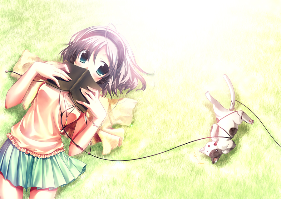 shouna mitsuishi, original, 1girl, aqua eyes, blush, book, brown hair, cat, entangled, female focus, grass, headband, headphones, lying, nature, on back, outdoors, skirt, solo