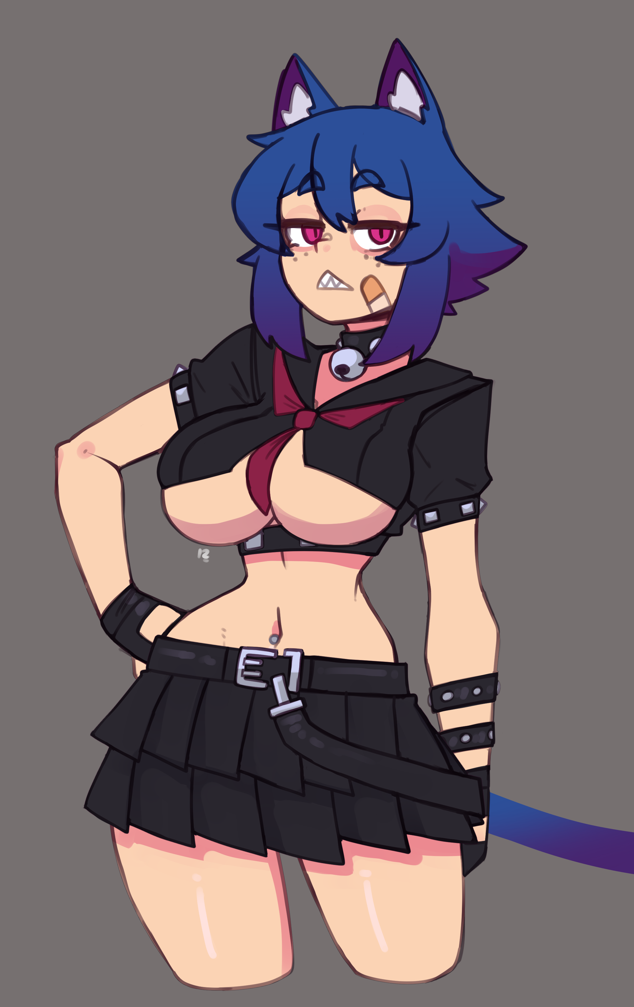 doce, xiao (doce), original, absurdres, commentary, highres, variant set, 1girl, animal ears, bandaid, bandaid on face, black serafuku, black shirt, black skirt, blue hair, breasts, cat ears, cat girl, cat tail, cleavage, cropped legs, freckles, gradient hair, grey background, hand on own hip, large breasts, looking at viewer, multicolored hair, navel piercing, piercing, pleated skirt, purple hair, red eyes, school uniform, serafuku, sharp teeth, shirt, short eyebrows, short hair, sidelocks, simple background, skirt, solo, tail, teeth, underboob