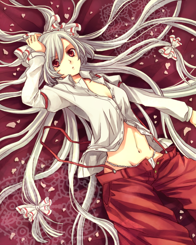 maco (munya), fujiwara no mokou, touhou, silver hair, 1girl, bad anatomy, female focus, fundoshi, hair ribbon, japanese clothes, long hair, lying, petals, red eyes, ribbon, solo
