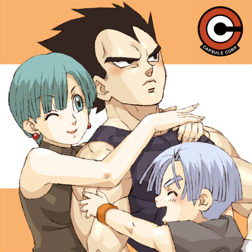 yorozu, bulma, trunks (dragon ball), vegeta, dragon ball, dragonball z, lowres, spoilers, 1girl, 2boys, aqua eyes, aqua hair, blue hair, blush, child, closed eyes, earrings, family, happy, hug, jewelry, multiple boys, one eye closed, profile, purple hair, smile, wink