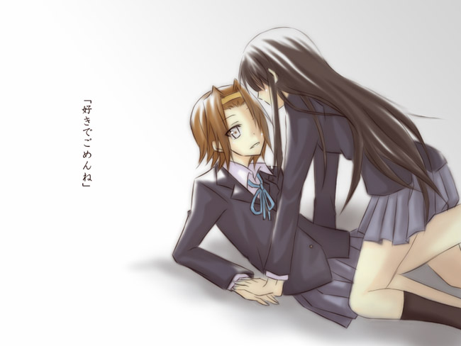 aira (endless5515), akiyama mio, tainaka ritsu, k-on!, translated, 00s, 2girls, black hair, brown hair, hairband, headband, multiple girls, school uniform, tomboy, yuri