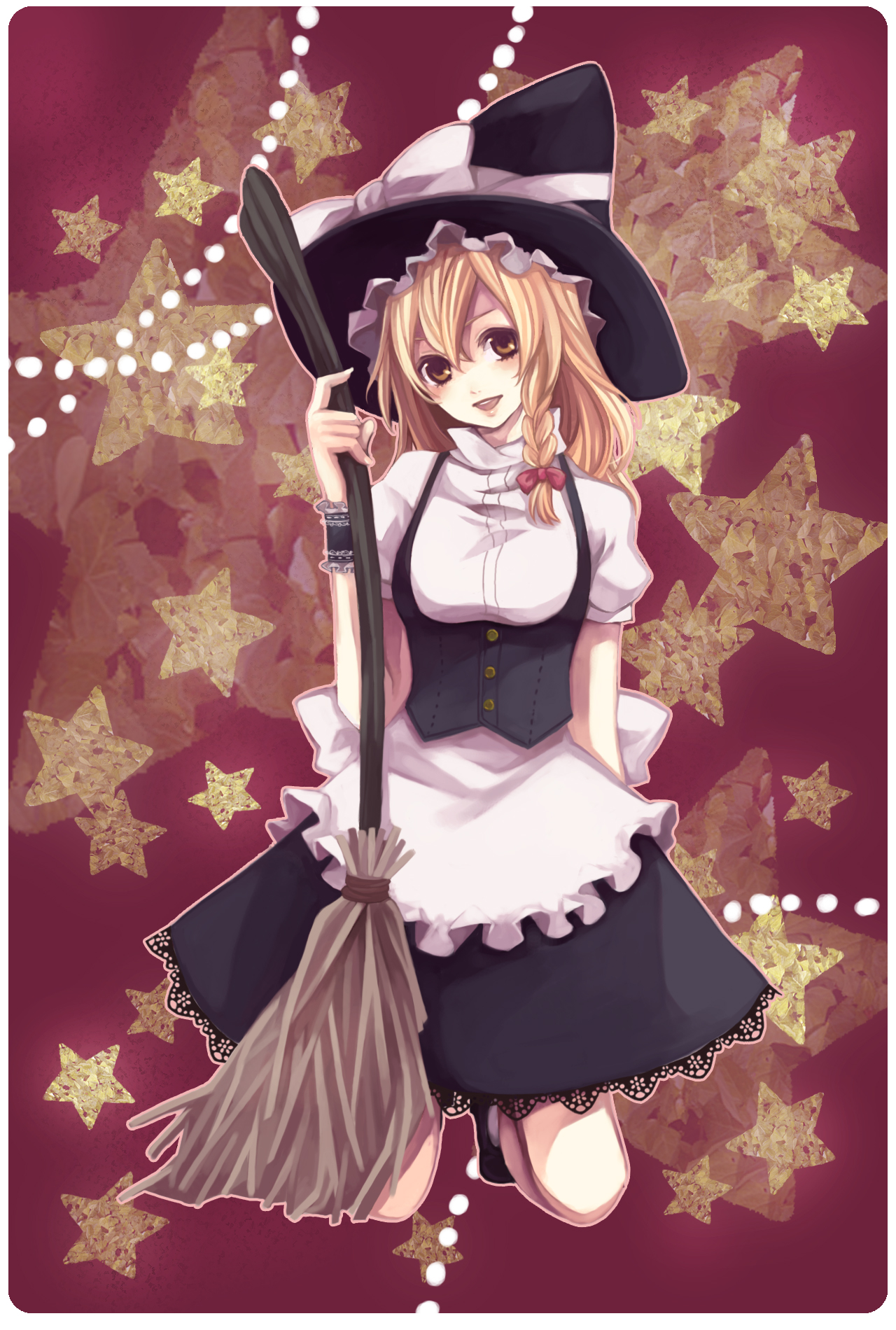 maco (munya), kirisame marisa, touhou, highres, 1girl, blonde hair, blush, braid, broom, female focus, hat, kneeling, side braid, solo, star (symbol), witch, witch hat, wrist cuffs, yellow eyes