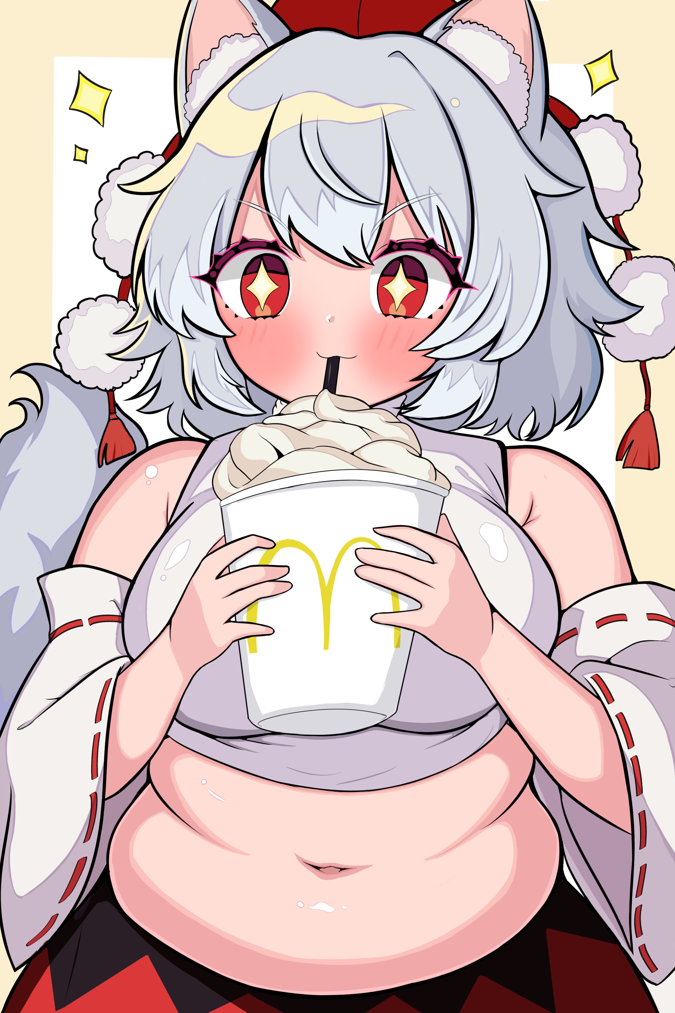 inubashiri momiji, mcdonald's, touhou, absurdres, commentary request, highres, + +, 1girl, animal ears, black skirt, blush, breasts, closed mouth, detached sleeves, fat, grey hair, hat, kukurukurukuru, large breasts, looking at viewer, messy hair, midriff, navel, red eyes, red hat, red skirt, ribbon-trimmed sleeves, ribbon trim, short hair, sketch, skirt, star (symbol), stomach, tail, tokin hat, two-tone skirt, upper body, wolf ears, wolf girl, wolf tail