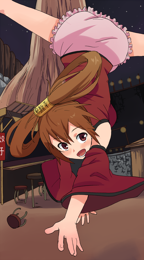 hyakuen raitaa, kuradoberi jam, arc system works, guilty gear, bad id, bad pixiv id, 1girl, blush, brown eyes, brown hair, can, detached sleeves, female focus, foreshortening, hair rings, long hair, single hair ring, solo, upside-down