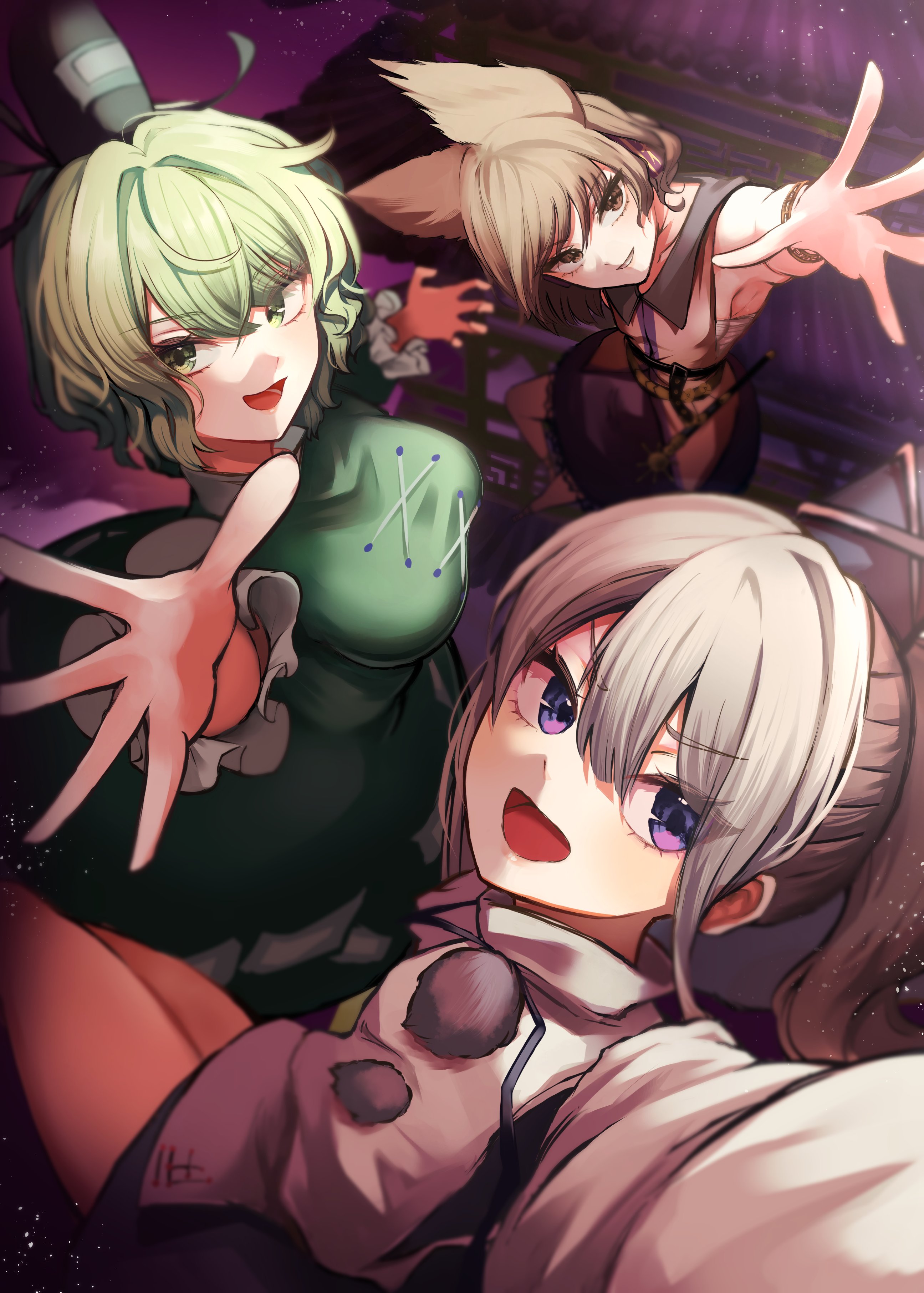 takana (forsterite), mononobe no futo, soga no tojiko, toyosatomimi no miko, touhou, absurdres, commentary request, highres, 3girls, black hat, black skirt, breasts, brown eyes, brown hair, cross-laced clothes, dress, green dress, green eyes, grey hair, hat, indoors, japanese clothes, kariginu, light particles, looking at viewer, multiple girls, ofuda, ofuda on clothes, open mouth, pointy ears, pointy hair, pom pom (clothes), ponytail, short hair, skirt, tate eboshi