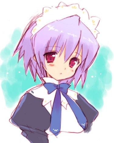 sakura koharu, lowres, 1girl, blush, female focus, maid, maid headdress, pink eyes, portrait, purple hair, solo, upper body