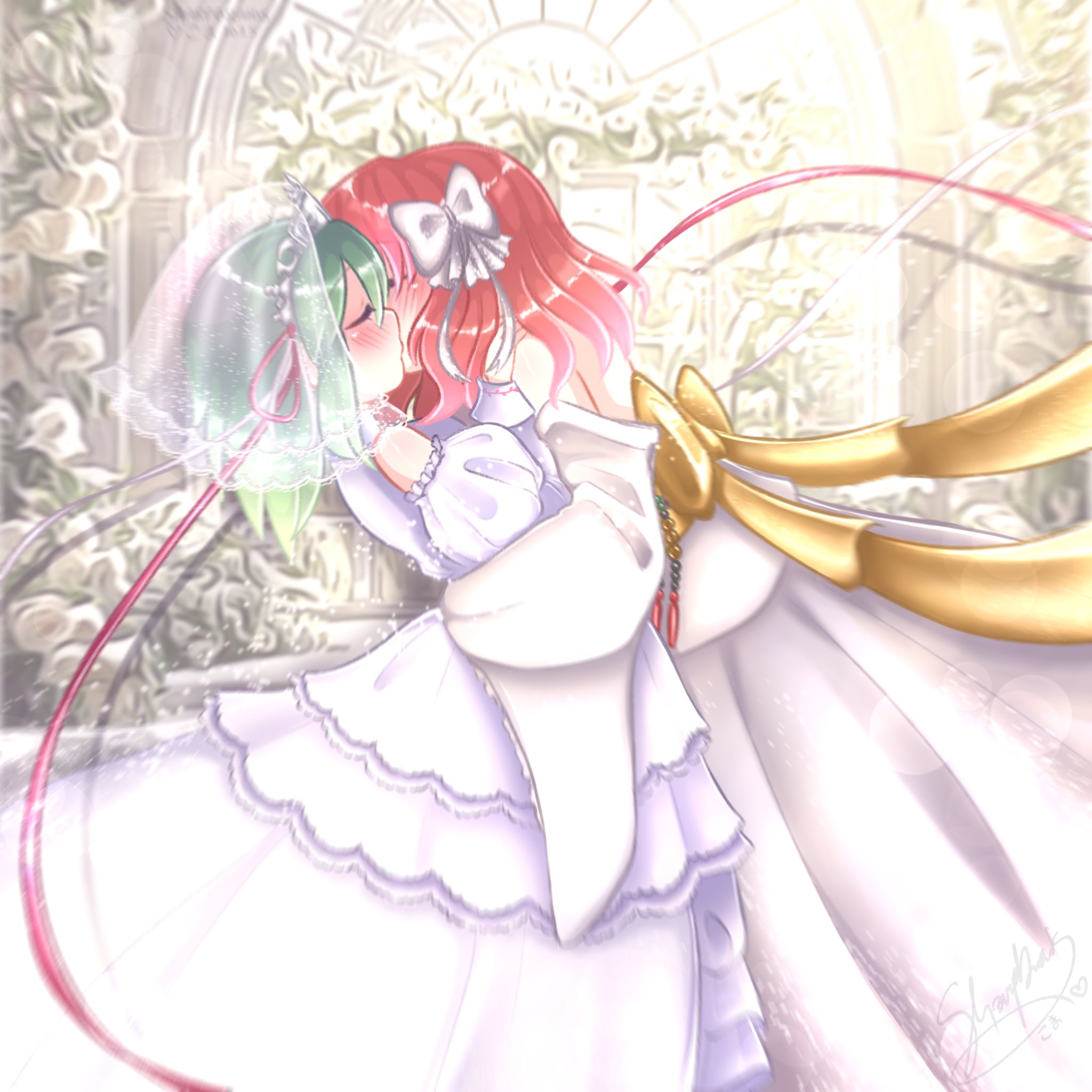 onozuka komachi, shiki eiki, touhou, hashtag-only commentary, highres, 2girls, blush, bow, bridal veil, closed eyes, dress, flower, green hair, hair bow, hair down, kiss, multiple girls, red hair, sharpbraids, short hair, veil, wedding dress, white bow, white dress, white flower, wife and wife, yuri