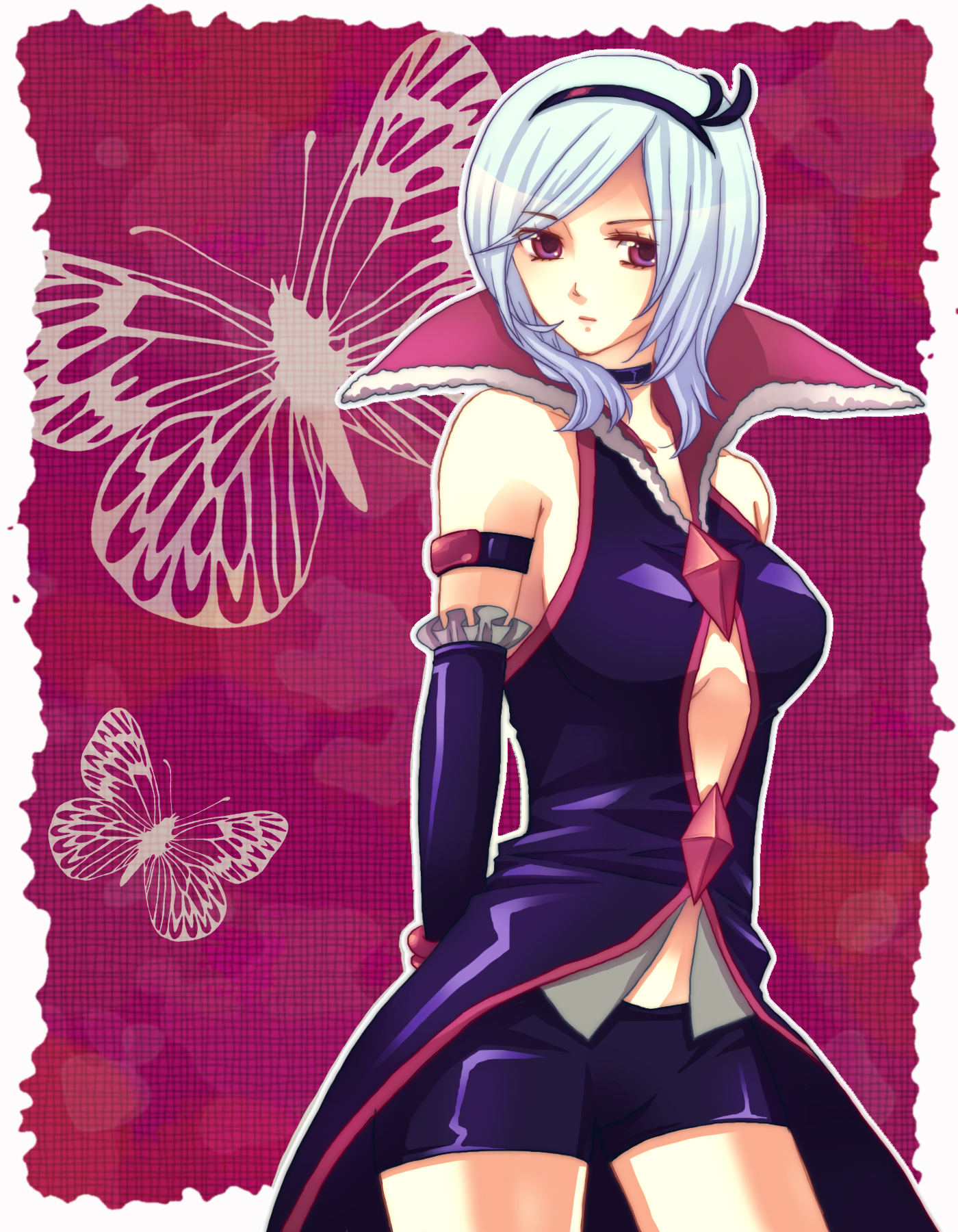 maco (munya), eas (fresh precure!), higashi setsuna, fresh precure!, precure, black neckwear, highres, 00s, 1girl, black shorts, blue hair, bug, butterfly, choker, eyelashes, female focus, hairband, insect, purple eyes, shorts, solo