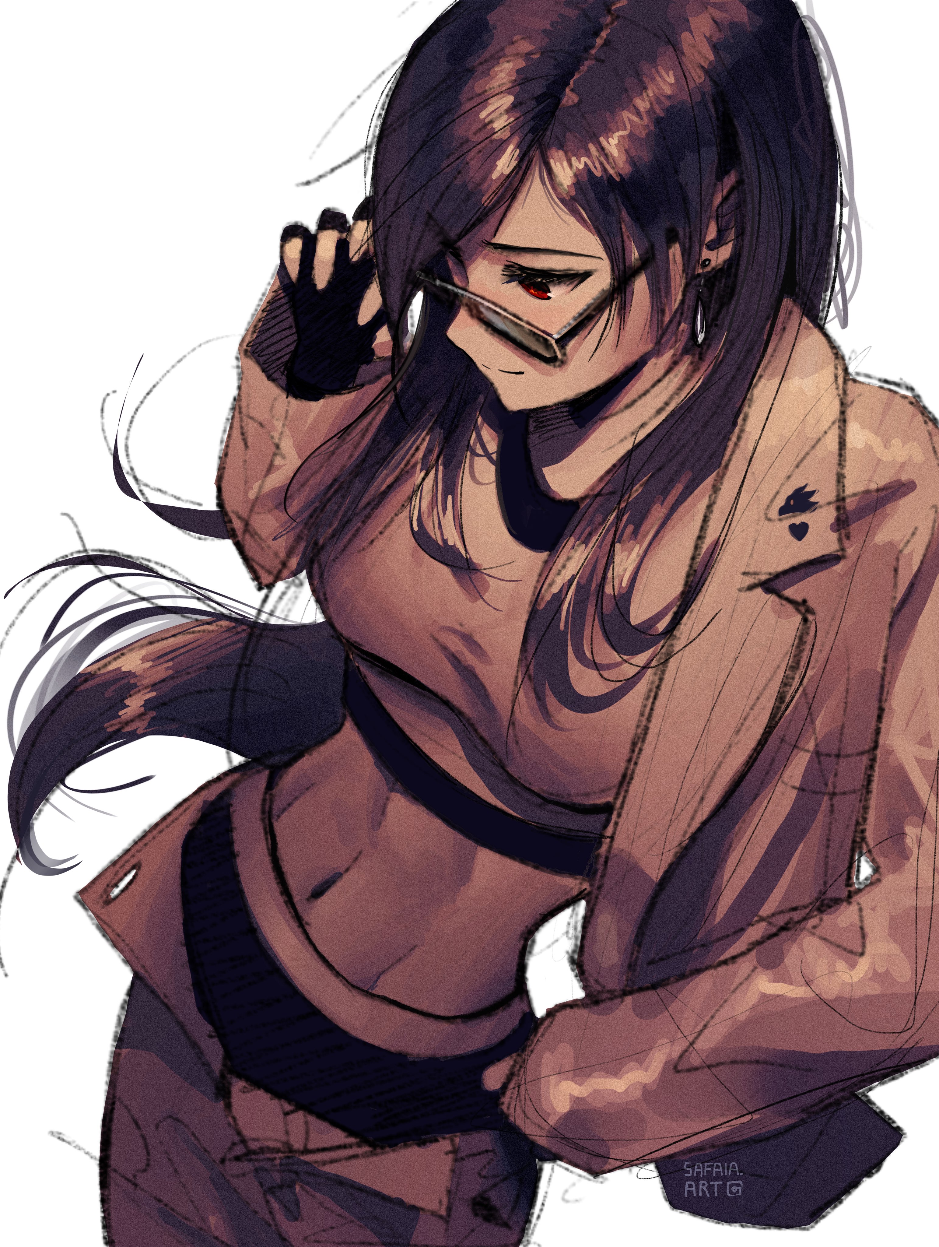 safaia, tifa lockhart, final fantasy, final fantasy vii, final fantasy vii remake, absurdres, commentary, english commentary, highres, 1girl, alternate costume, black hair, black sports bra, breasts, closed mouth, cowboy shot, crop top, earrings, fingerless gloves, glasses, gloves, jacket, jewelry, large breasts, long hair, long sleeves, midriff, navel, open clothes, open fly, open jacket, red eyes, single earring, solo, sports bra, sportswear, suit jacket, toned, toned female, undressing, white background