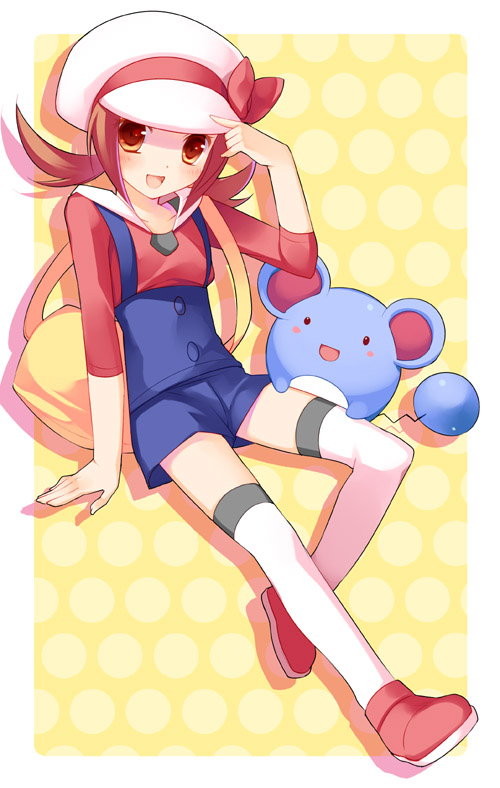 arima (yukagen), lyra (pokemon), marill, nintendo, pokemon, pokemon hgss, bad id, bad pixiv id, 00s, 1girl, n/, bag, blouse, blush, brown eyes, brown hair, full body, gen 2 pokemon, hat, hat ribbon, newsboy cap, overalls, pokemon (creature), red ribbon, red shirt, ribbon, shirt, shoulder bag, thighhighs, white thighhighs, yellow background