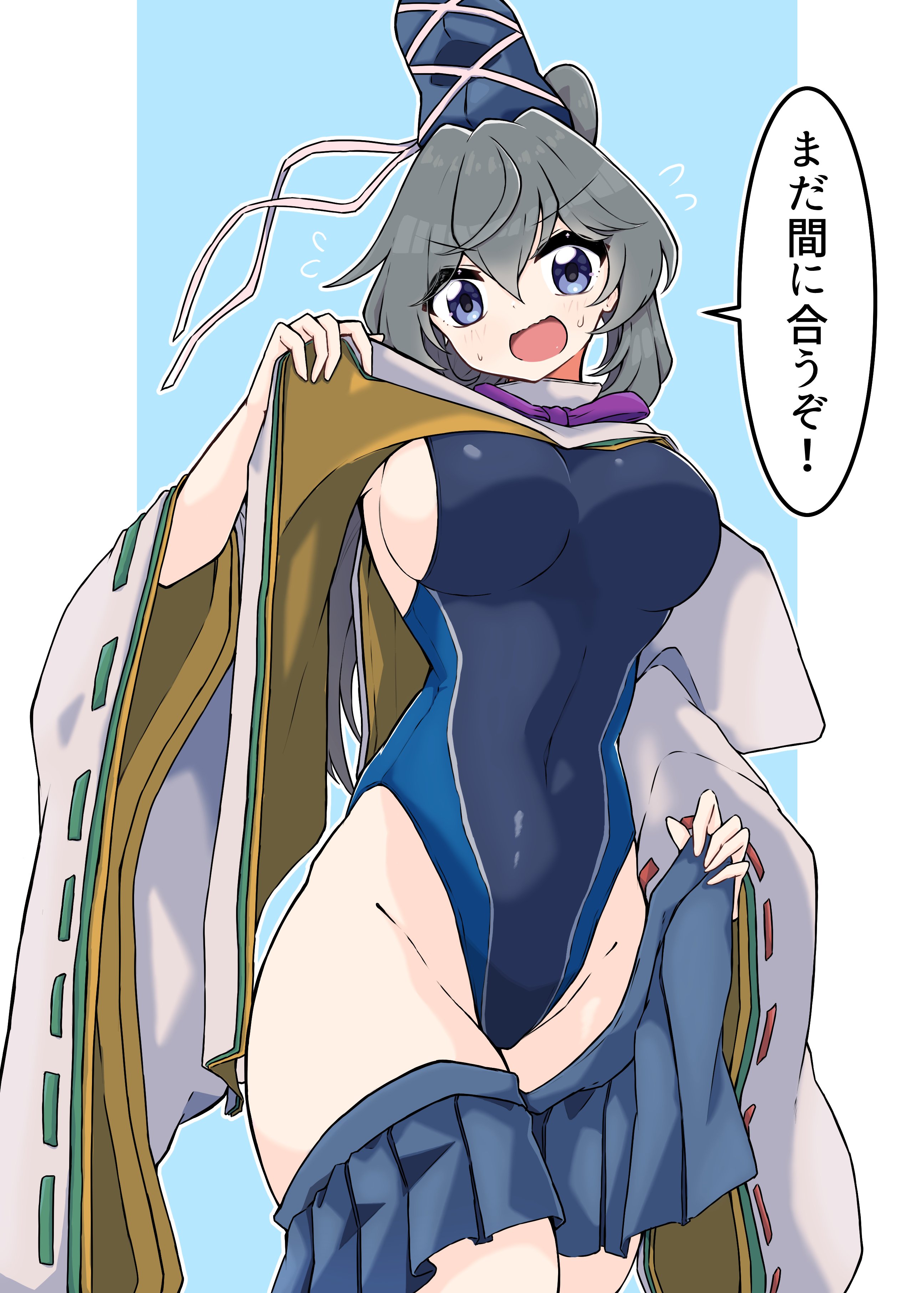 gurajio, mononobe no futo, touhou, absurdres, commentary request, highres, 1girl, black one-piece swimsuit, blue background, blue hat, blue skirt, breasts, grey eyes, grey hair, groin, hat, japanese clothes, kariginu, large breasts, looking at viewer, one-piece swimsuit, open mouth, pleated skirt, ponytail, pulling own clothes, ribbon-trimmed sleeves, ribbon trim, sideboob, skirt, solo, sweat, swimsuit, tate eboshi, v-shaped eyebrows
