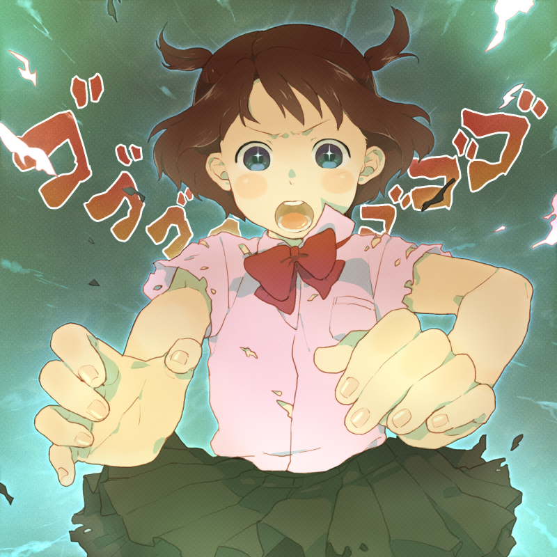 mosuko, bad id, bad pixiv id, + +, 1girl, blue eyes, blush, blush stickers, brown hair, female focus, fingernails, floating hair, short hair, short twintails, skirt, solo, twintails