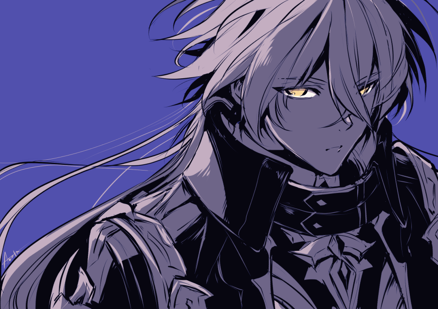 shibuya arata, flins (genshin impact), genshin impact, closed mouth, coat, frown, greyscale, long hair, looking at viewer, monochrome, purple background, solo, solo focus, yellow eyes