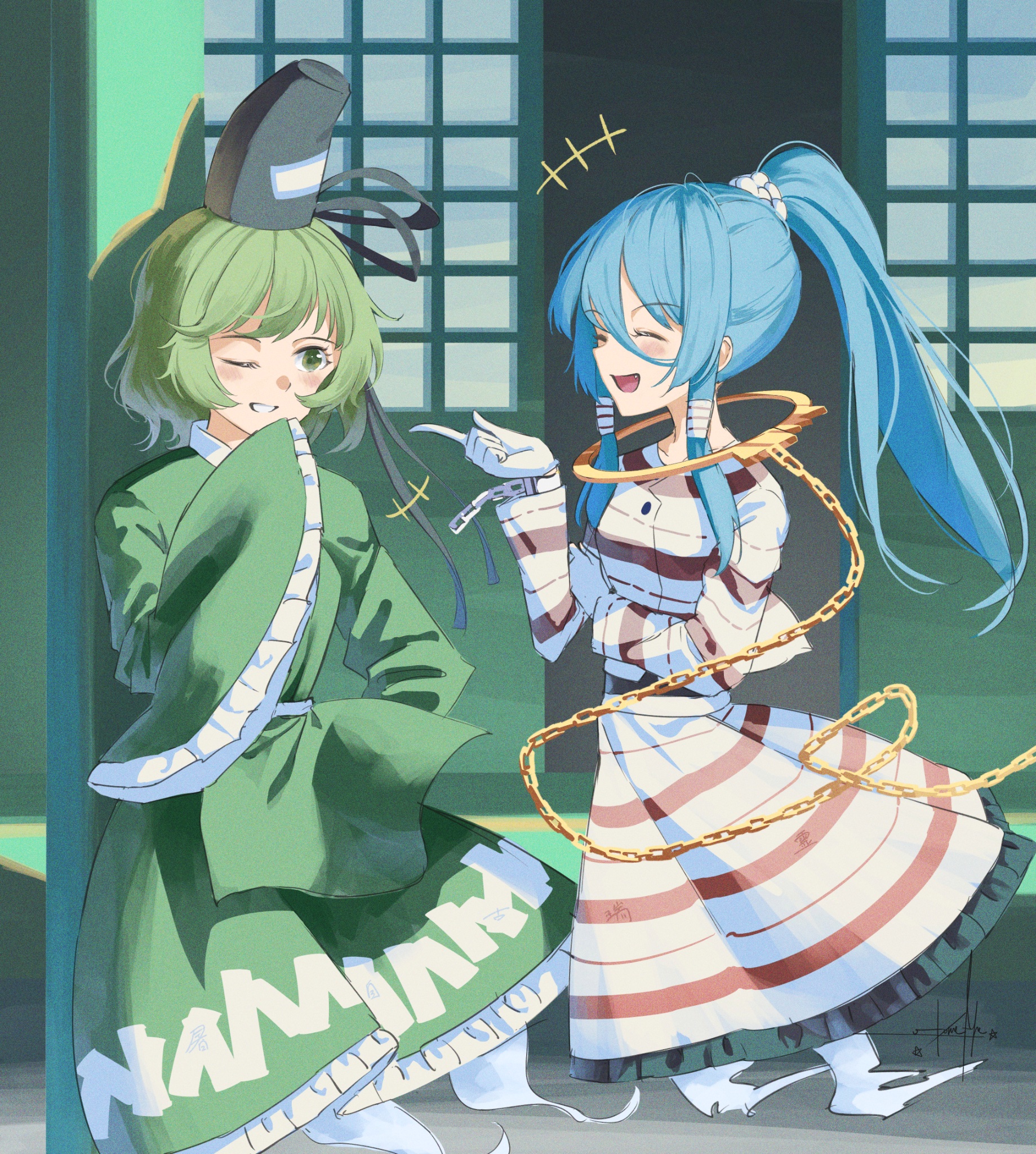 otomeza ryuseigun, miyadeguchi mizuchi, soga no tojiko, foul detective satori, touhou, commentary request, highres, 2girls, black hat, blue hair, chain, closed eyes, dress, frilled dress, frills, ghost tail, gloves, green dress, hat, laughing, long hair, long sleeves, multiple girls, ofuda, ofuda on clothes, one eye closed, open mouth, outdoors, ponytail, prison clothes, shirt, skirt, smile, striped clothes, striped shirt, striped skirt, tate eboshi, white gloves, wide sleeves