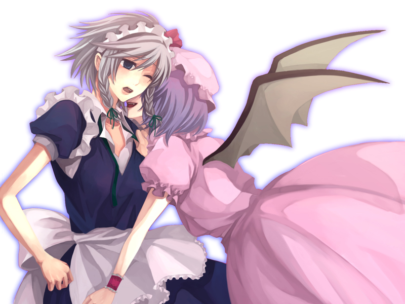 maco (munya), izayoi sakuya, remilia scarlet, touhou, silver hair, bad id, bad pixiv id, 2girls, bat wings, blue eyes, blue hair, braid, clothes grab, female focus, hairband, hat, maid, multiple girls, one eye closed, purple hair, shirt grab, twin braids, wince, wings, yuri