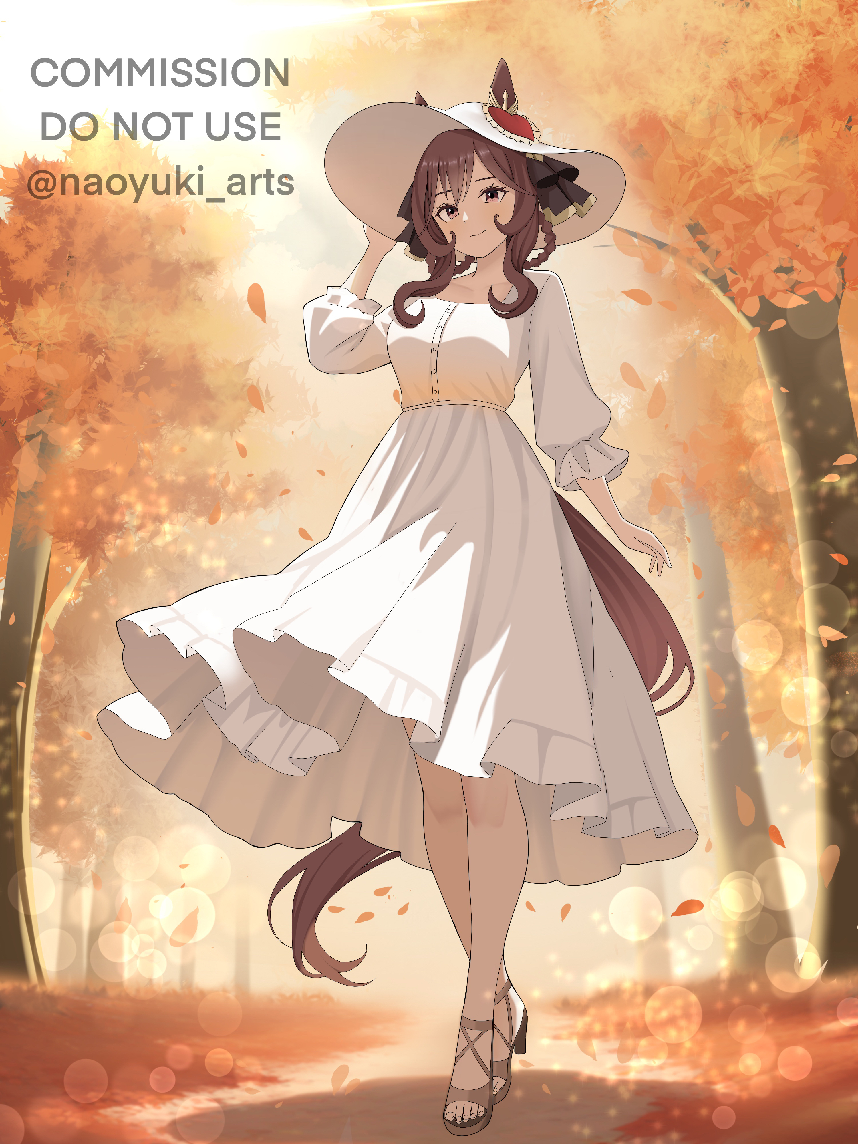 naoyuki arts, gentildonna (umamusume), umamusume, absurdres, commission, highres, 1girl, alternate costume, animal ears, autumn, autumn leaves, braid, braided hair rings, breasts, brown eyes, brown hair, closed mouth, dress, ear ornament, ears through headwear, full body, hair between eyes, hair ornament, hair rings, hat, heart-shaped ornament, heart ear ornament, horse ears, horse girl, horse tail, leaf, long hair, long sleeves, looking at viewer, outdoors, sandals, smile, solo, sun hat, tail, tree, white dress